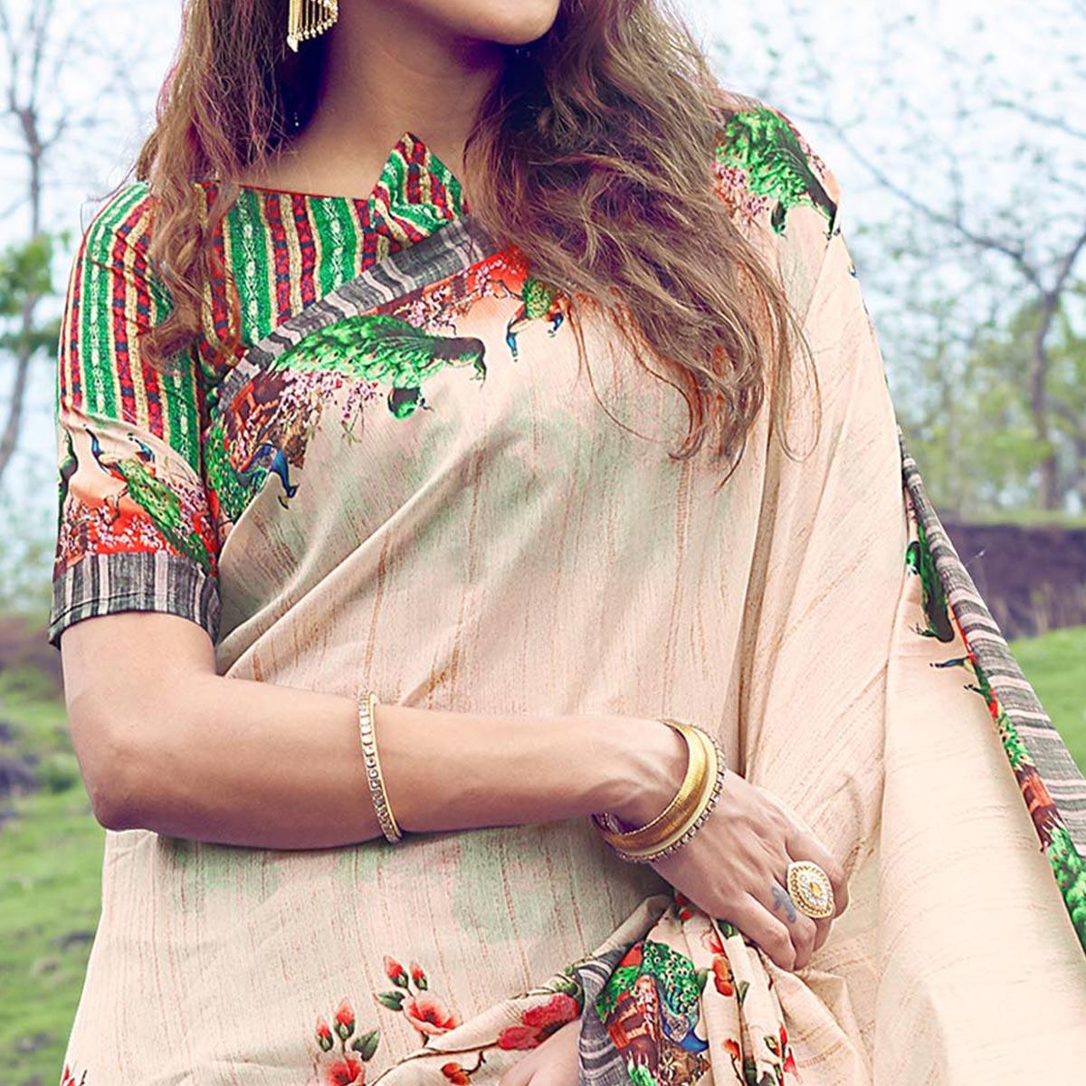 Gorgeous Cream Colored Casual Wear Digital Printed Silk Saree - Peachmode
