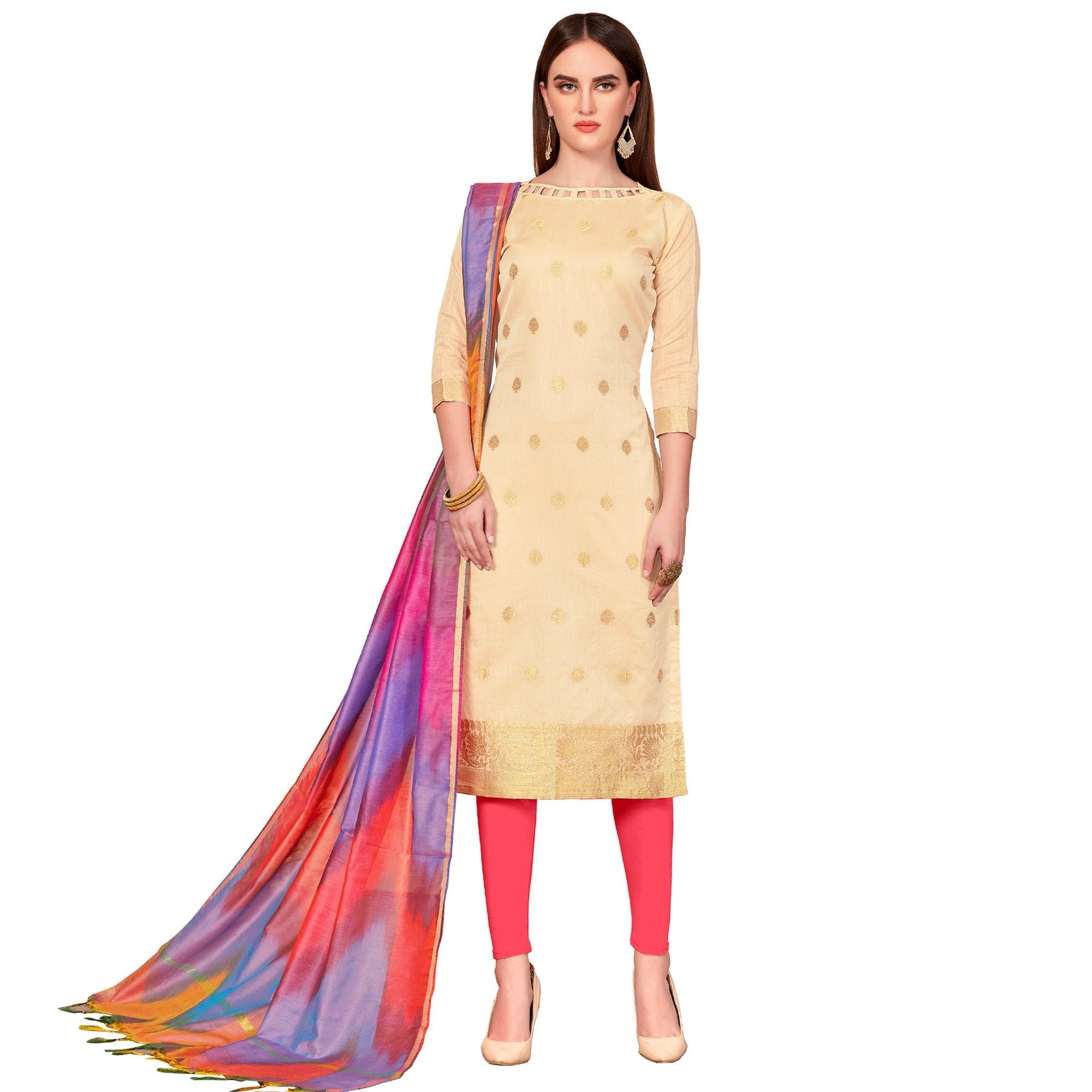 Gorgeous Cream Colored Casual Wear Woven Banarasi Silk Dress Material - Peachmode