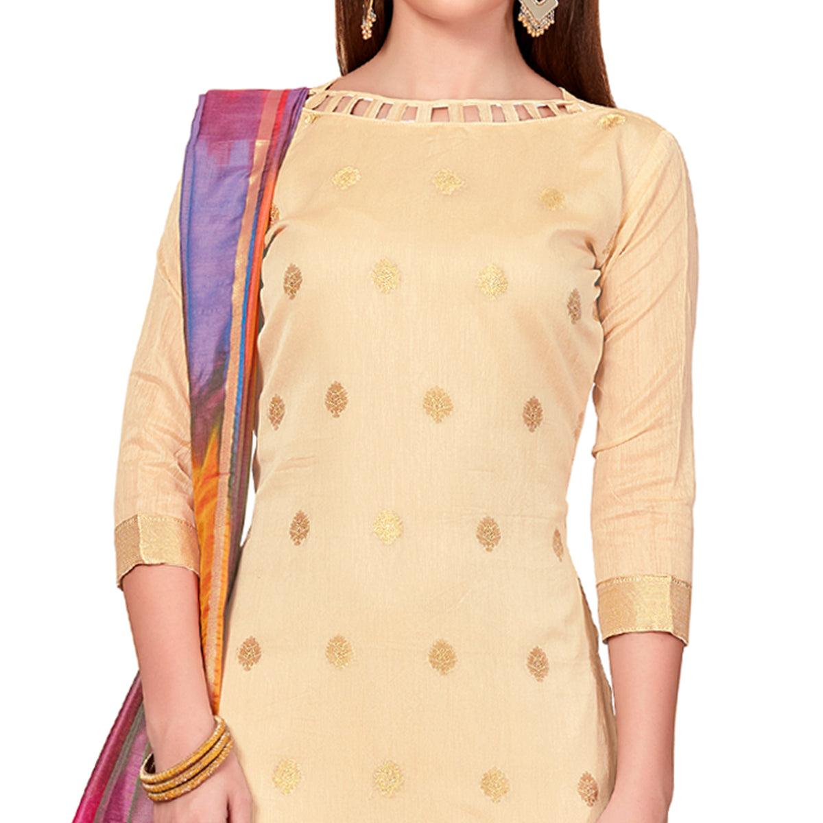 Gorgeous Cream Colored Casual Wear Woven Banarasi Silk Dress Material - Peachmode