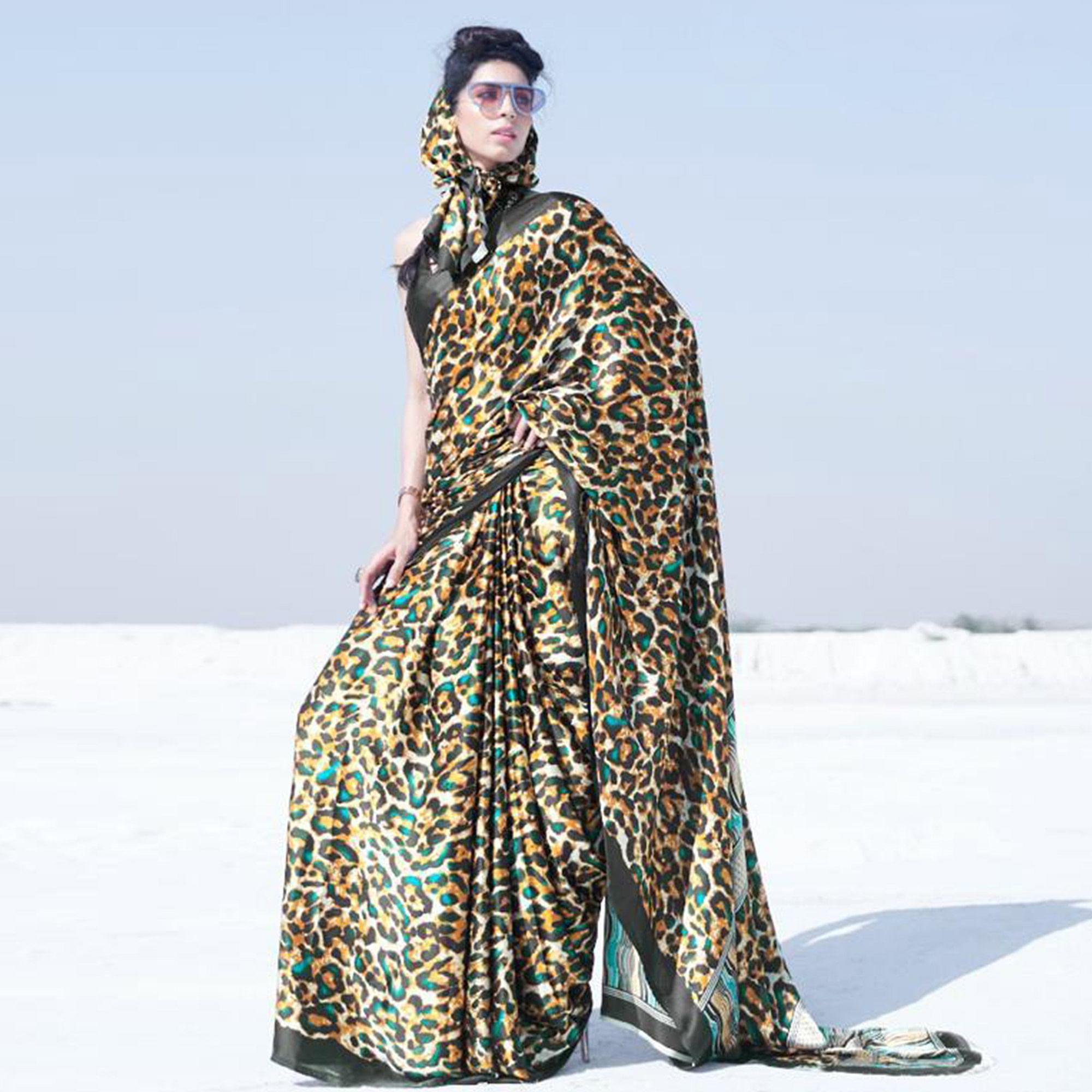 Gorgeous Cream - Multi Colored Casual Wear Printed Satin Crepe Saree - Peachmode