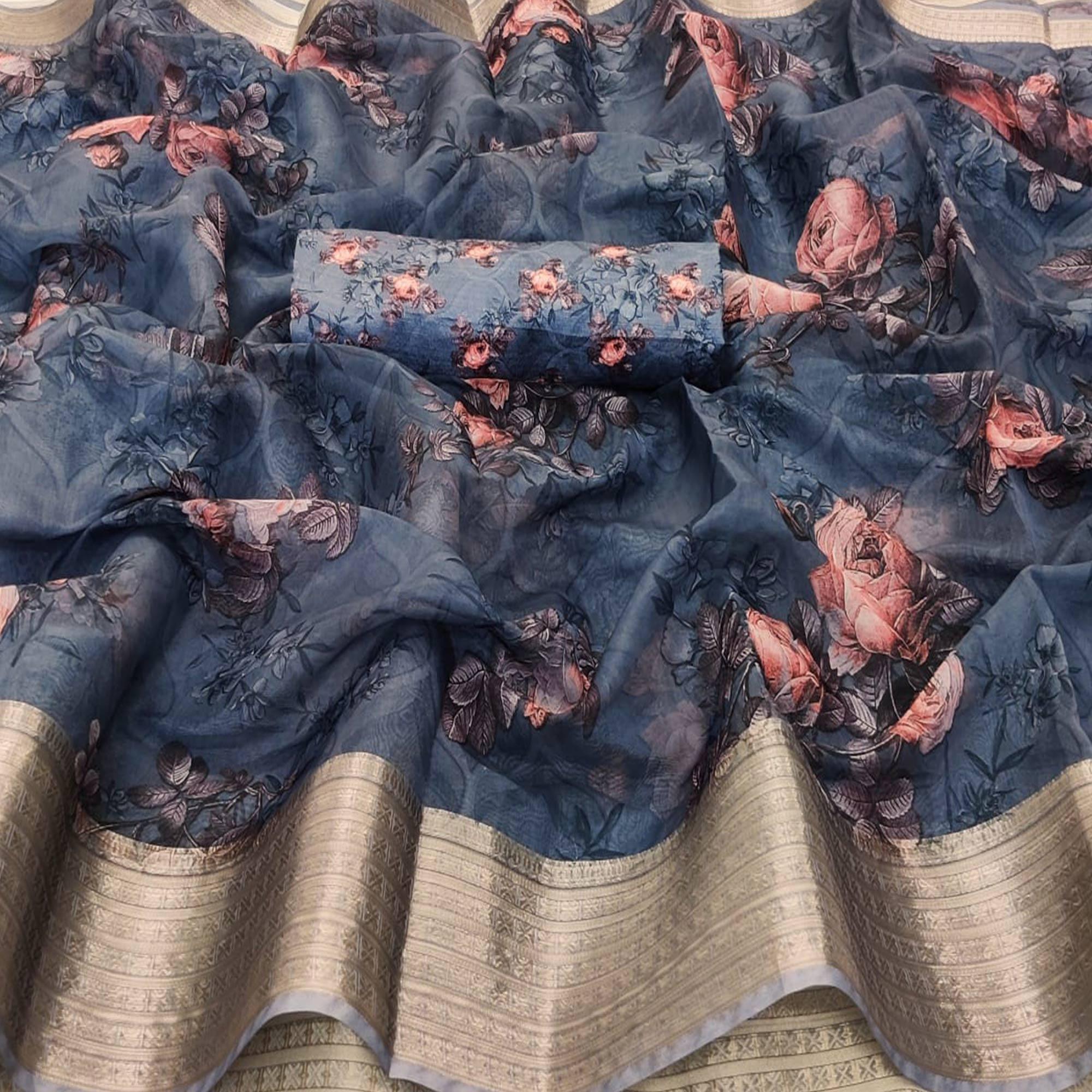 Gorgeous Dark Grey Colored Partywear Digital Printed Georgette Saree - Peachmode