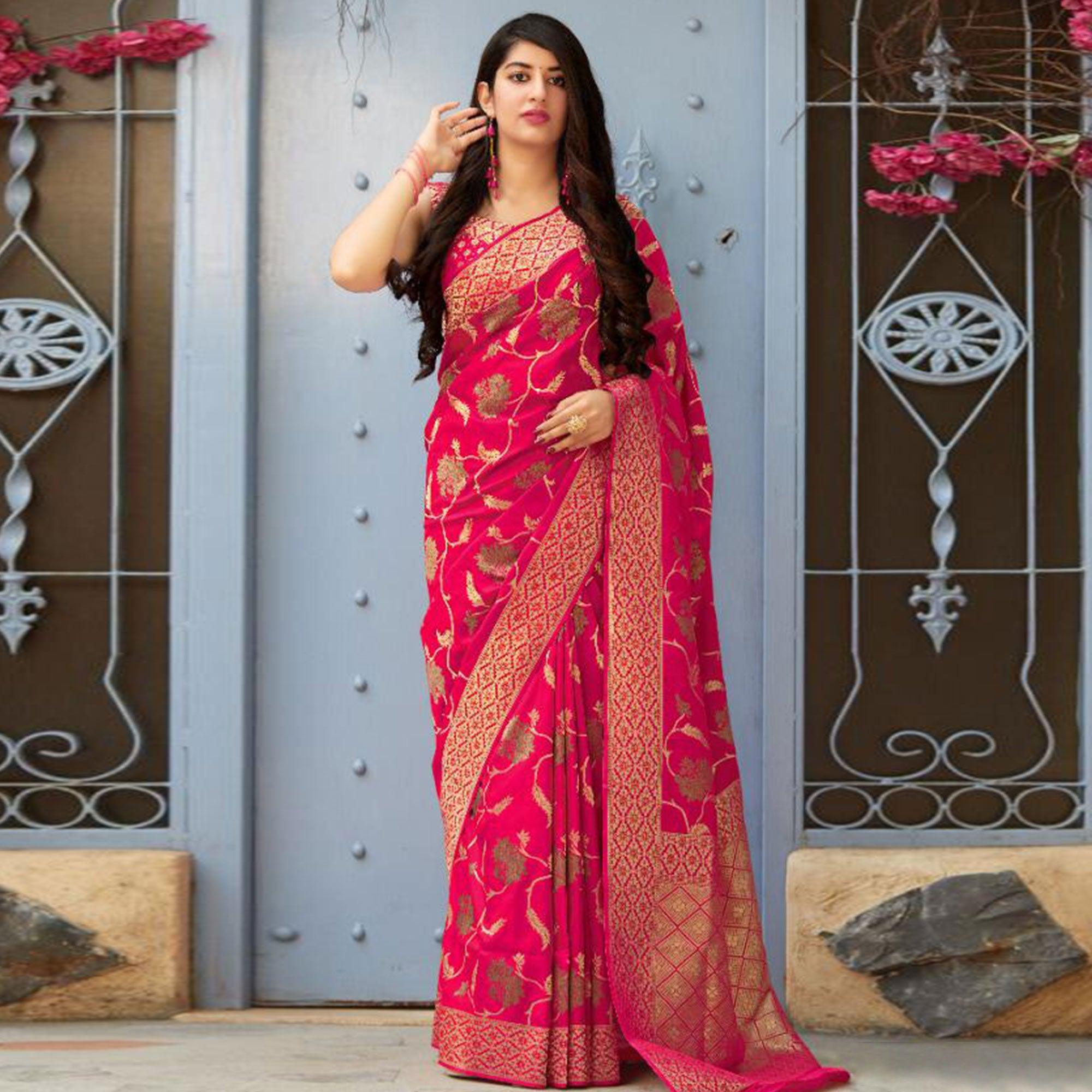 Gorgeous Dark Pink Colored Festive Wear Woven Banarasi Silk Saree - Peachmode