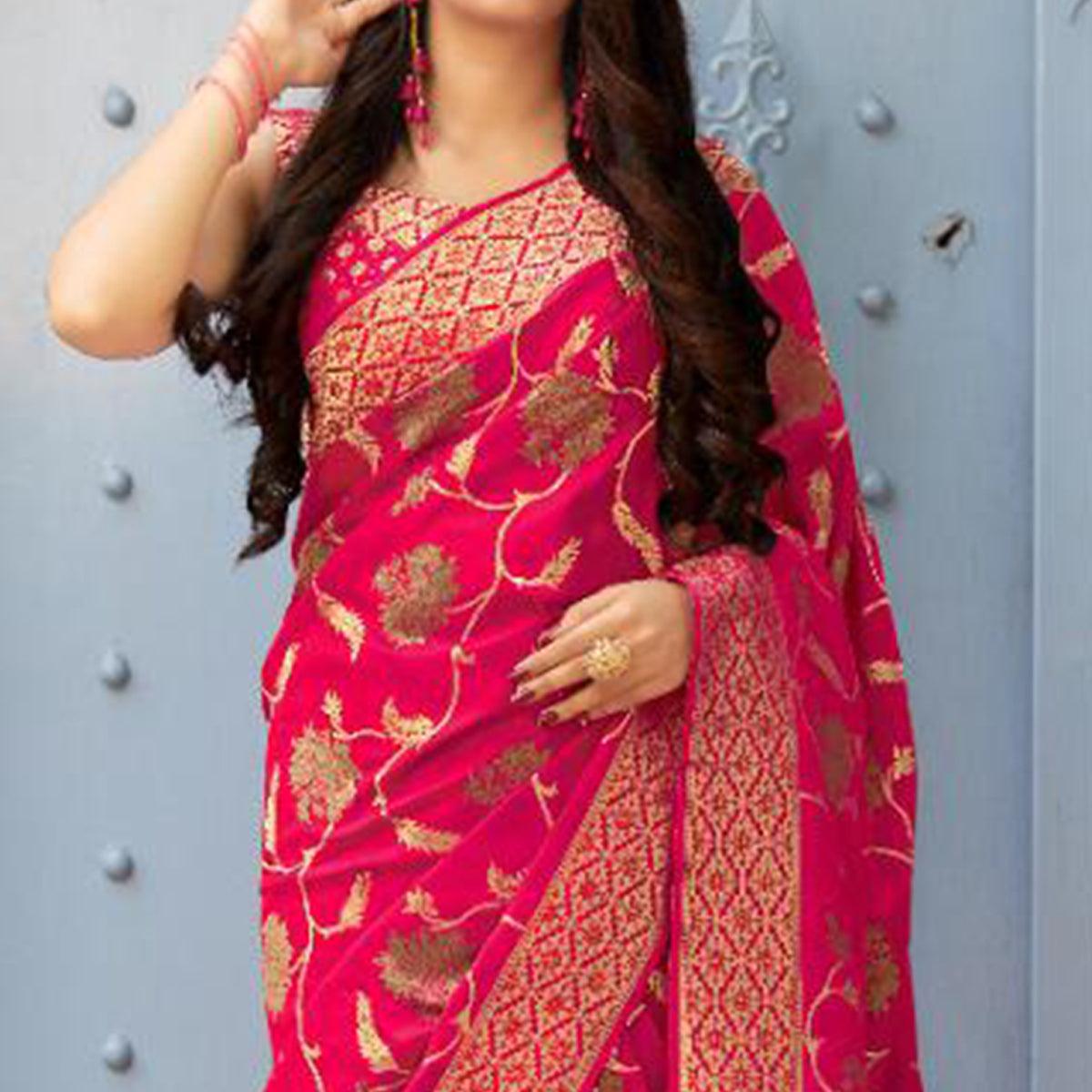 Gorgeous Dark Pink Colored Festive Wear Woven Banarasi Silk Saree - Peachmode
