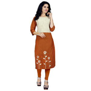Gorgeous Dark Rust Orange Colored Casual Embroidered Cotton Kurti - Peachmode