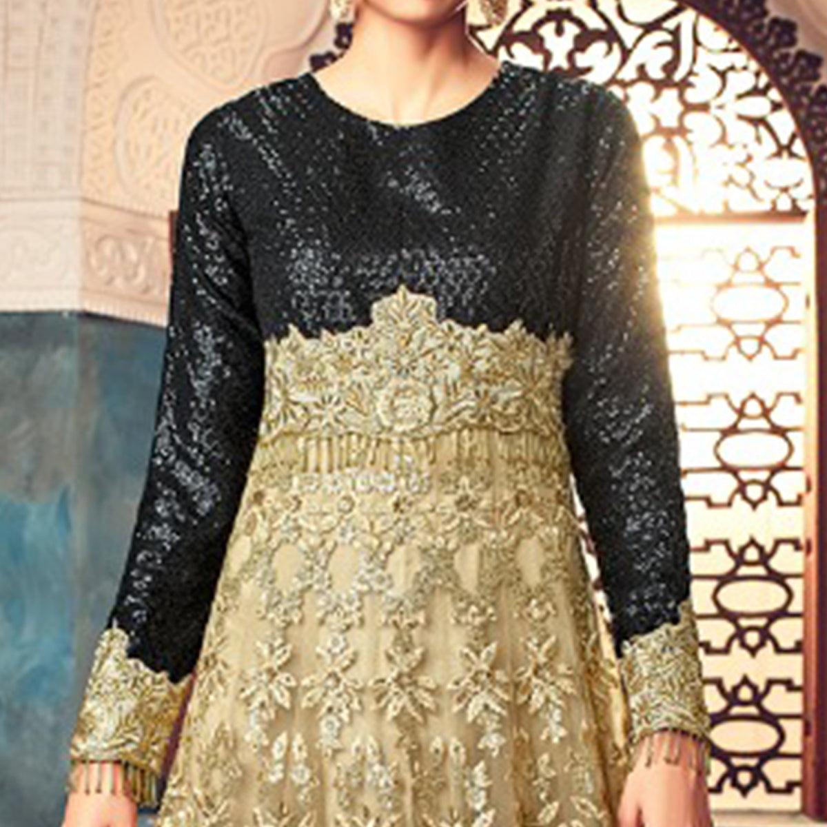 Gorgeous Golden-Black Colored Partywear Embroidered Netted Anarkali Suit - Peachmode