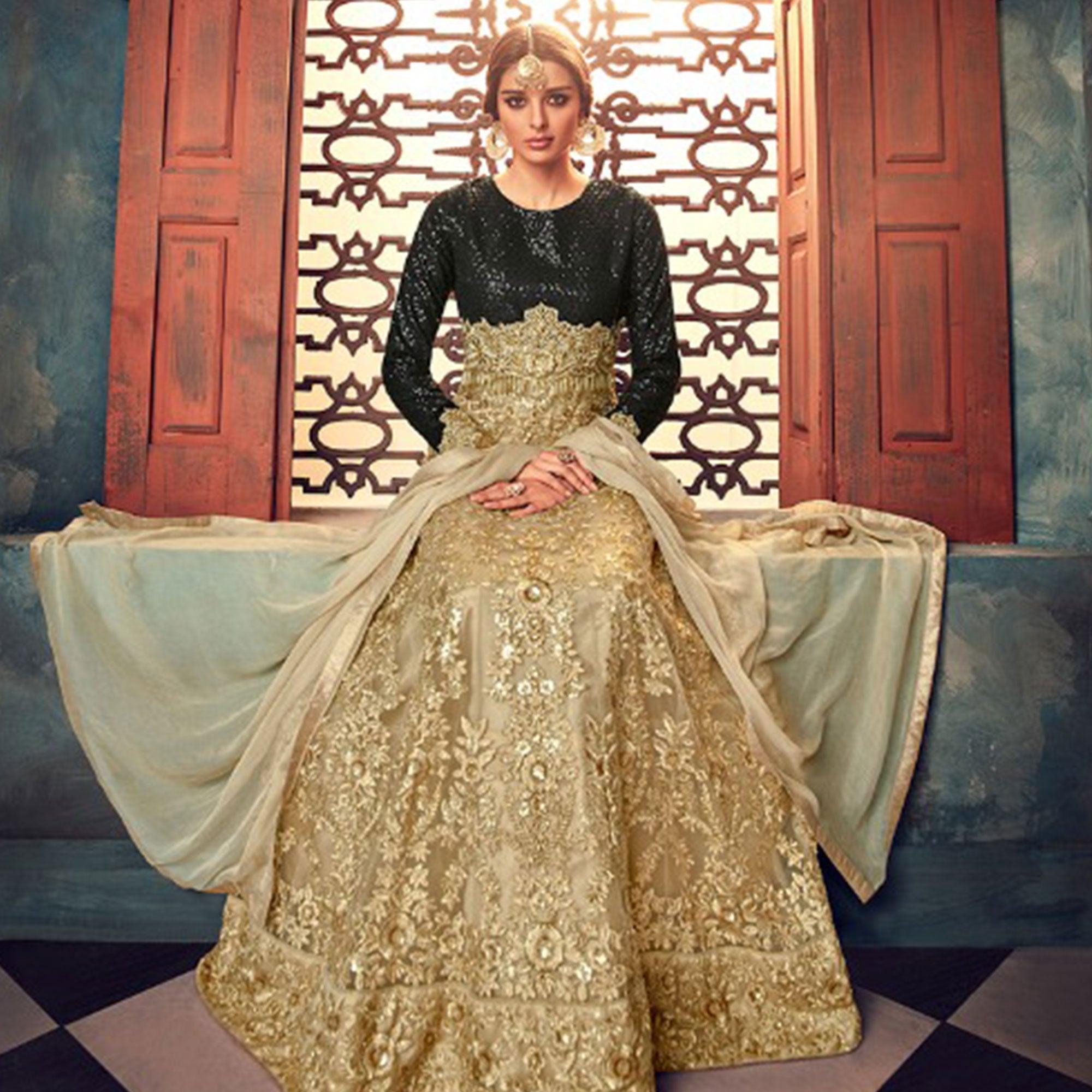 Gorgeous Golden-Black Colored Partywear Embroidered Netted Anarkali Suit - Peachmode