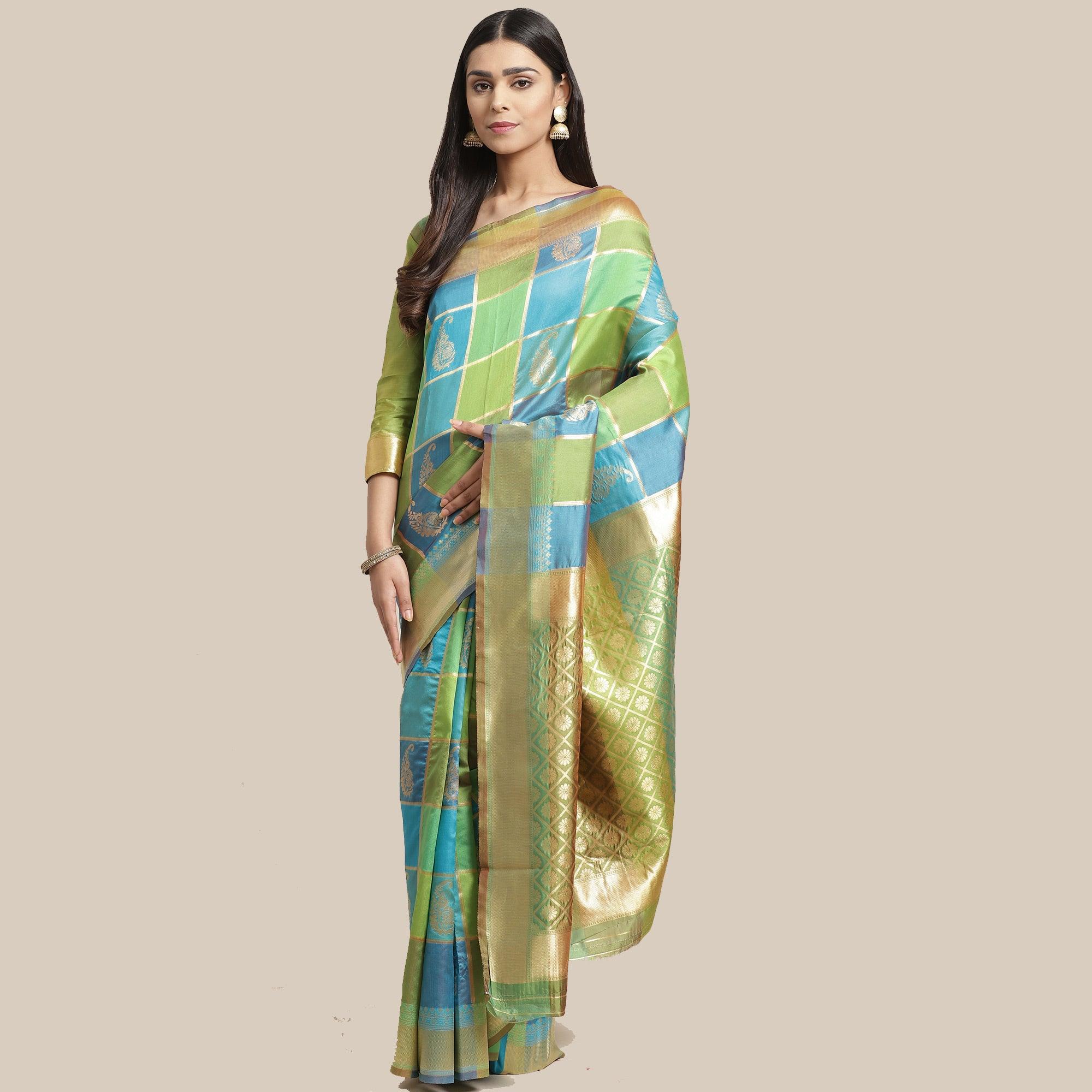 Gorgeous Green-Blue Colored Festive Wear Woven Silk Blend Saree - Peachmode