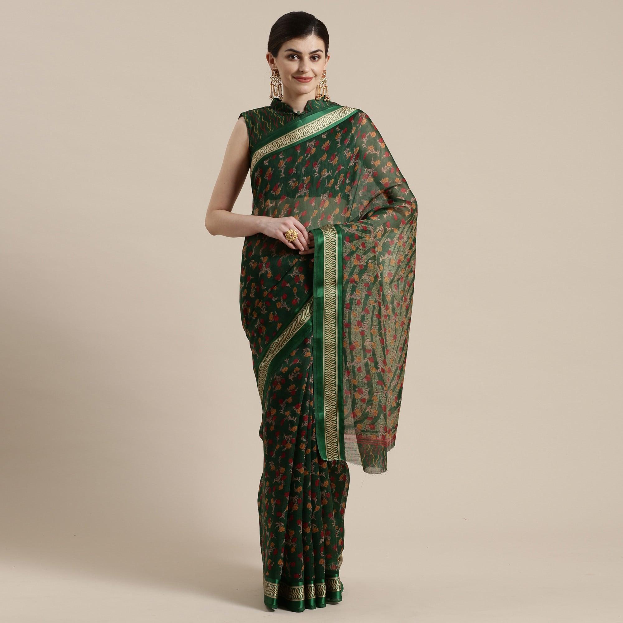 Gorgeous Green Colored Casual Wear Floral Printed Cotton Silk Saree - Peachmode