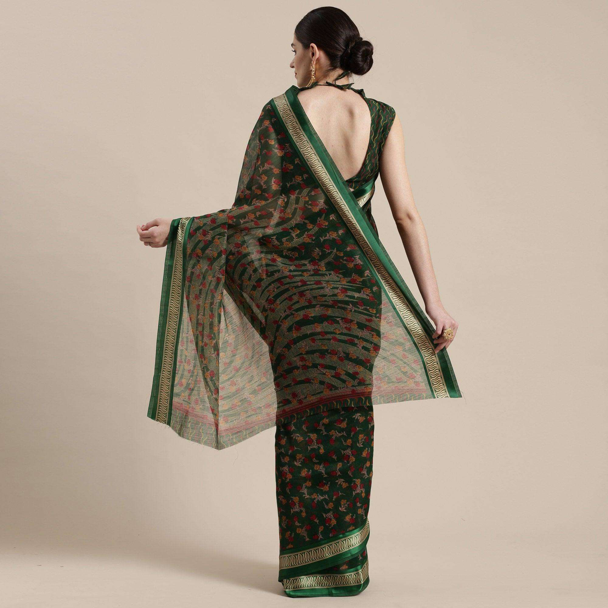 Gorgeous Green Colored Casual Wear Floral Printed Cotton Silk Saree - Peachmode