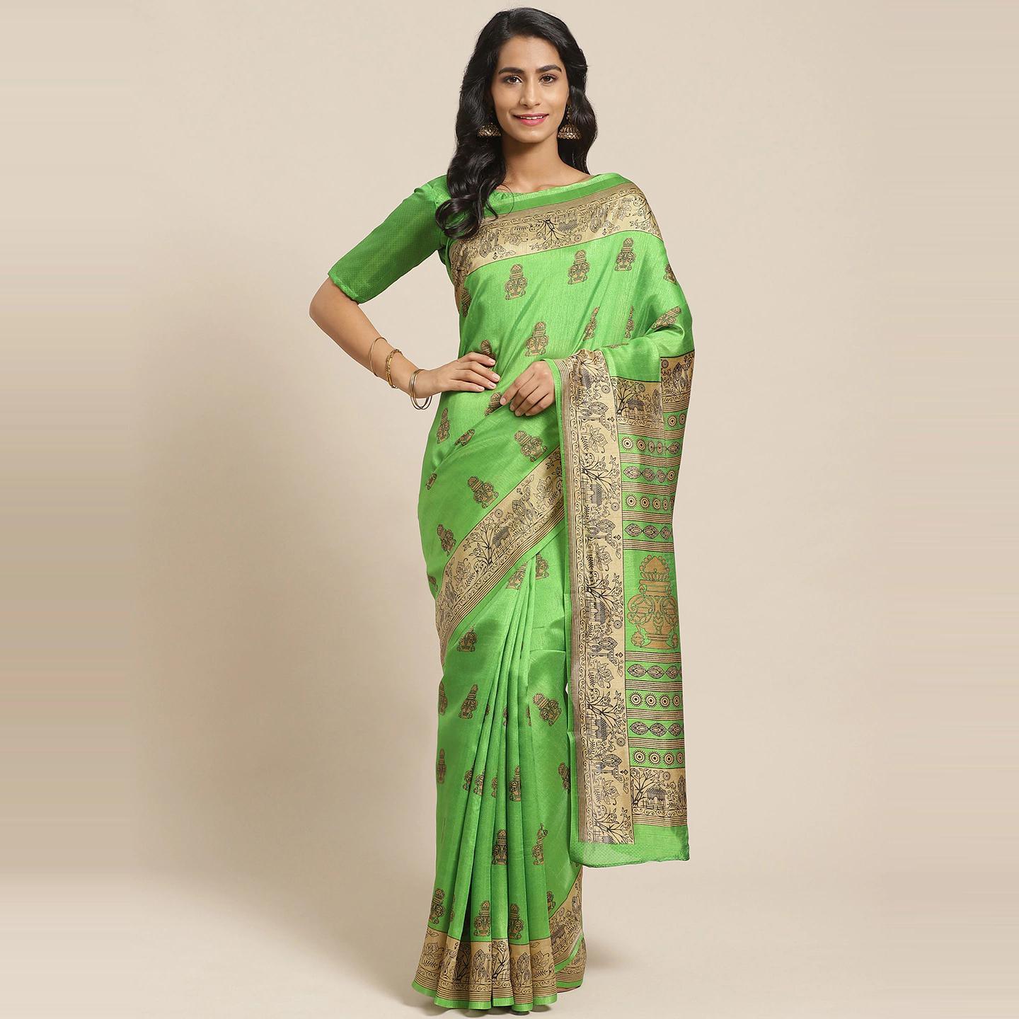 Gorgeous Green Colored Casual Wear Printed Silk Blend Saree - Peachmode