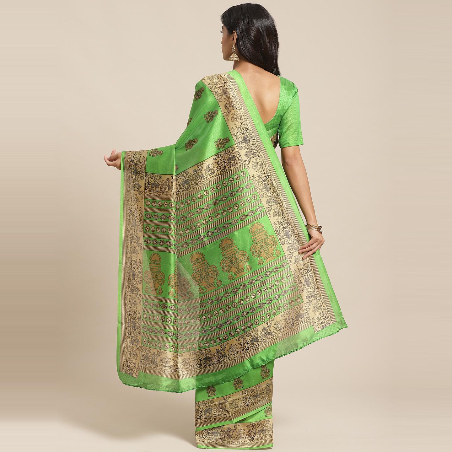 Gorgeous Green Colored Casual Wear Printed Silk Blend Saree - Peachmode