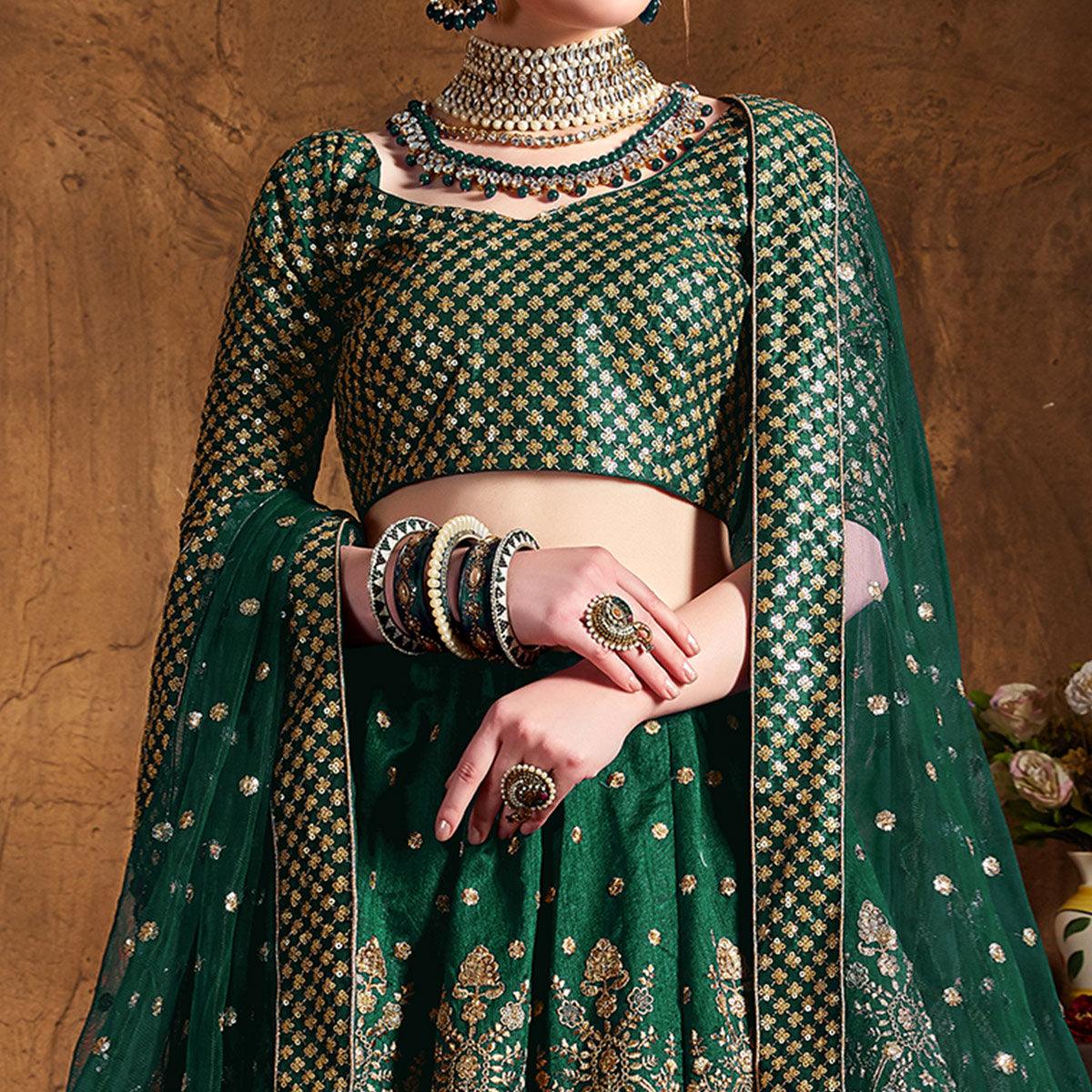 Gorgeous Green Colored Designer Embroidered Banglori Silk Lehenga Choli - Peachmode