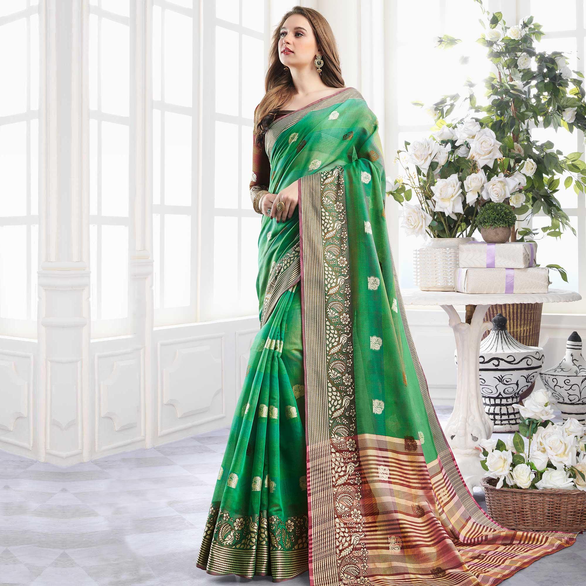 Gorgeous Green Colored Festive Wear Woven Cotton Handloom Silk Saree - Peachmode