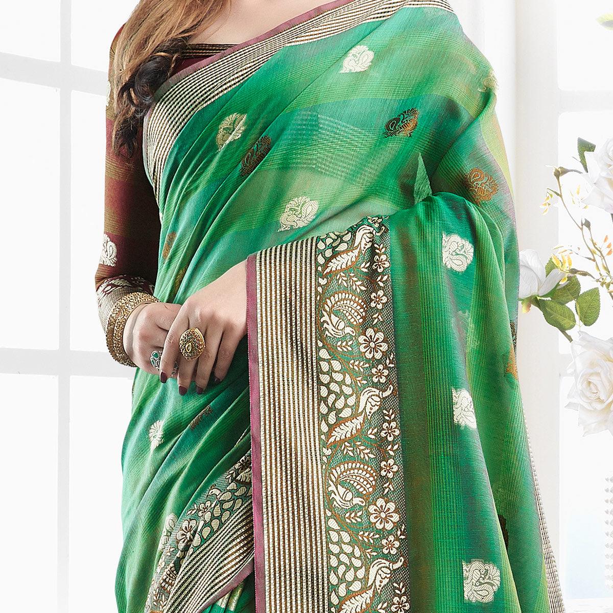 Gorgeous Green Colored Festive Wear Woven Cotton Handloom Silk Saree - Peachmode
