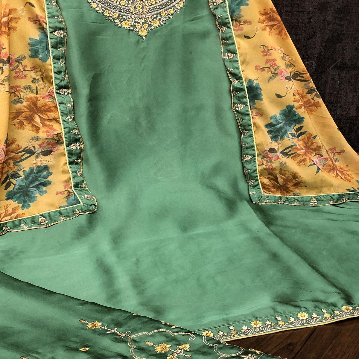 Gorgeous Green Colored Partywear Embroidered Muslin Satin Gharara Suit With Palazzo - Peachmode