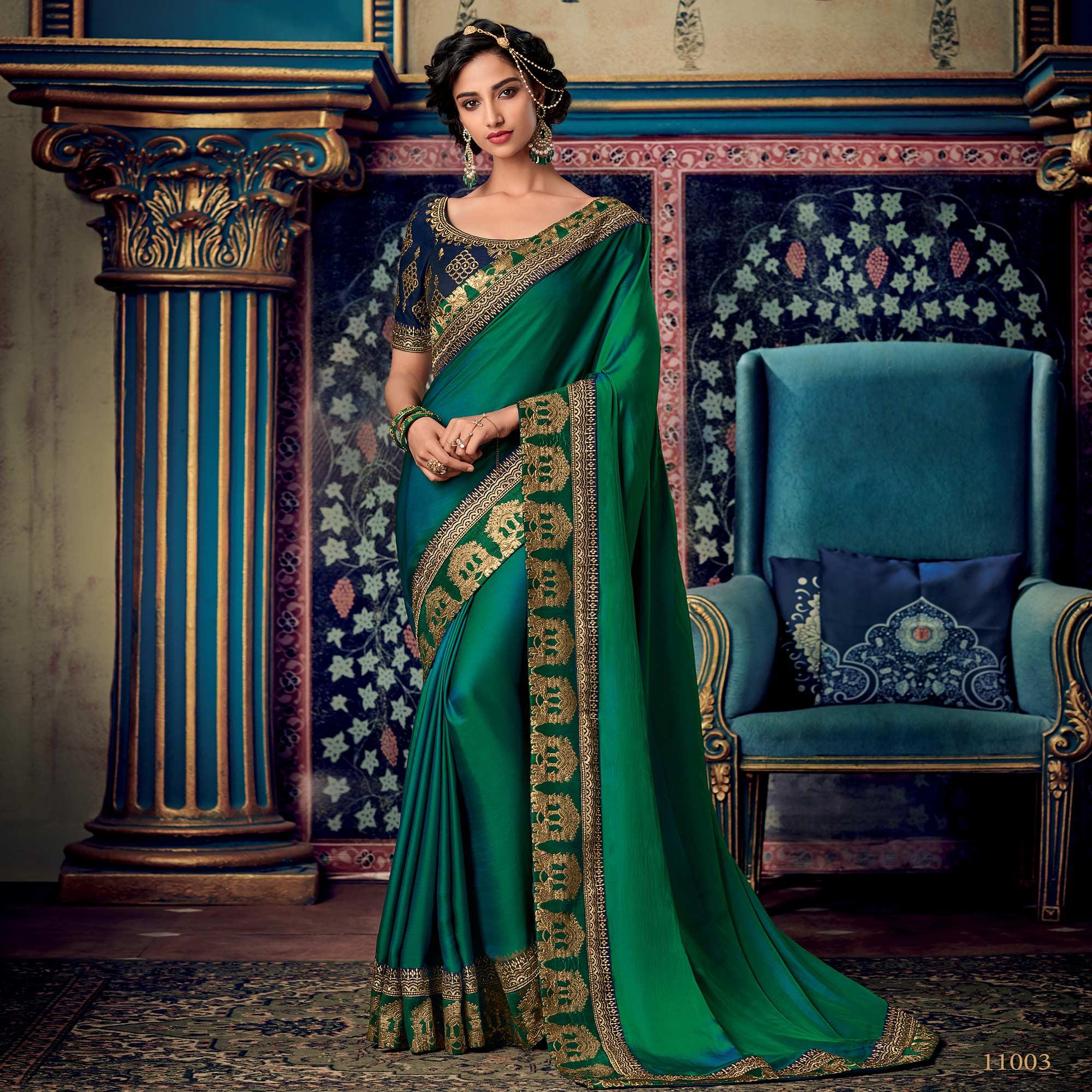 Gorgeous Green Colored Partywear Embroidered Silk Saree - Peachmode