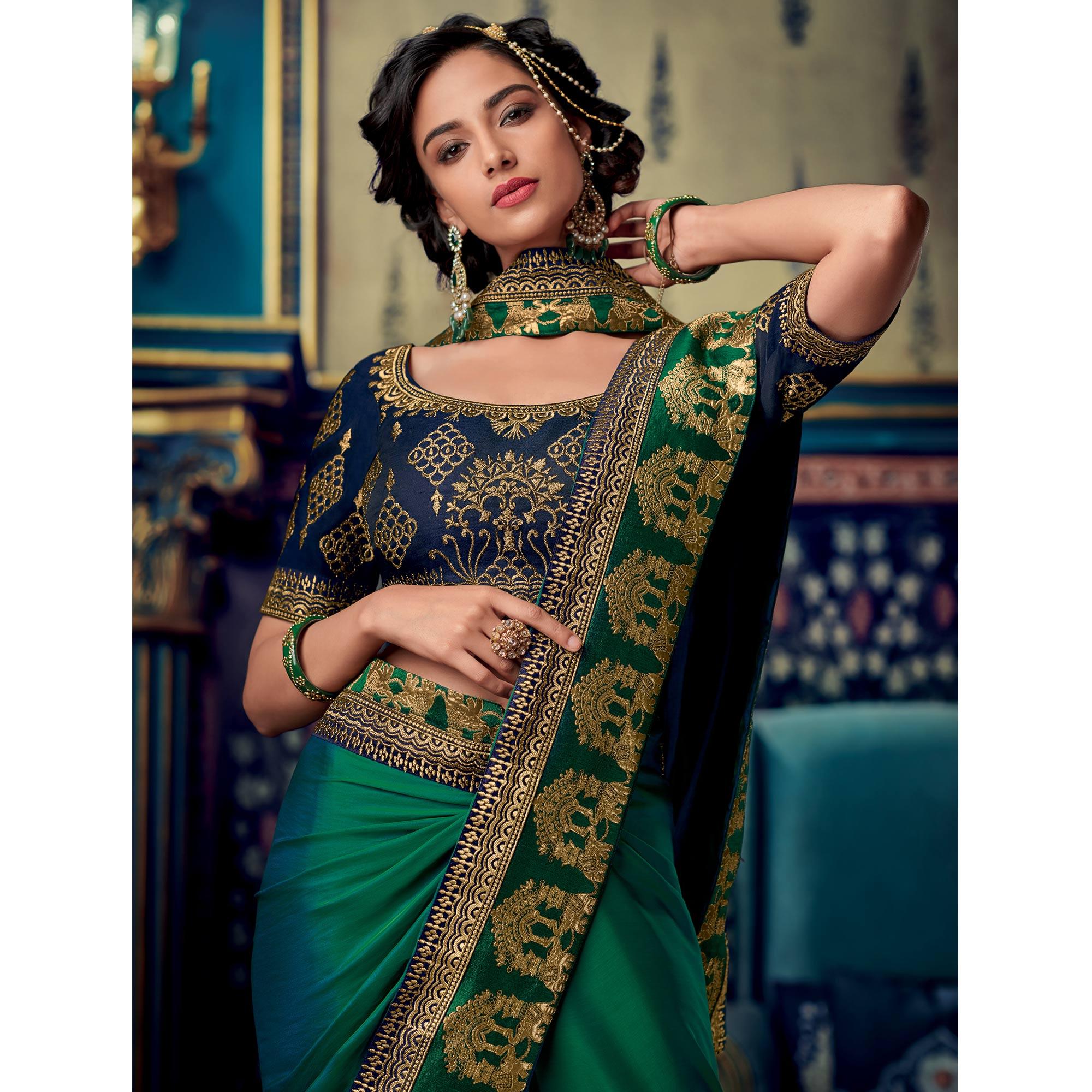 Gorgeous Green Colored Partywear Embroidered Silk Saree - Peachmode