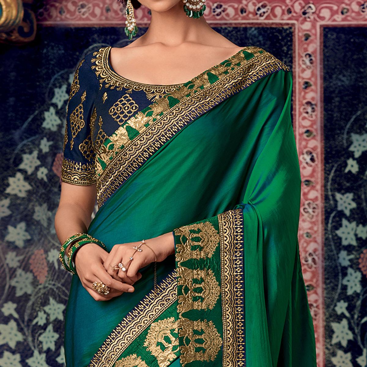 Gorgeous Green Colored Partywear Embroidered Silk Saree - Peachmode