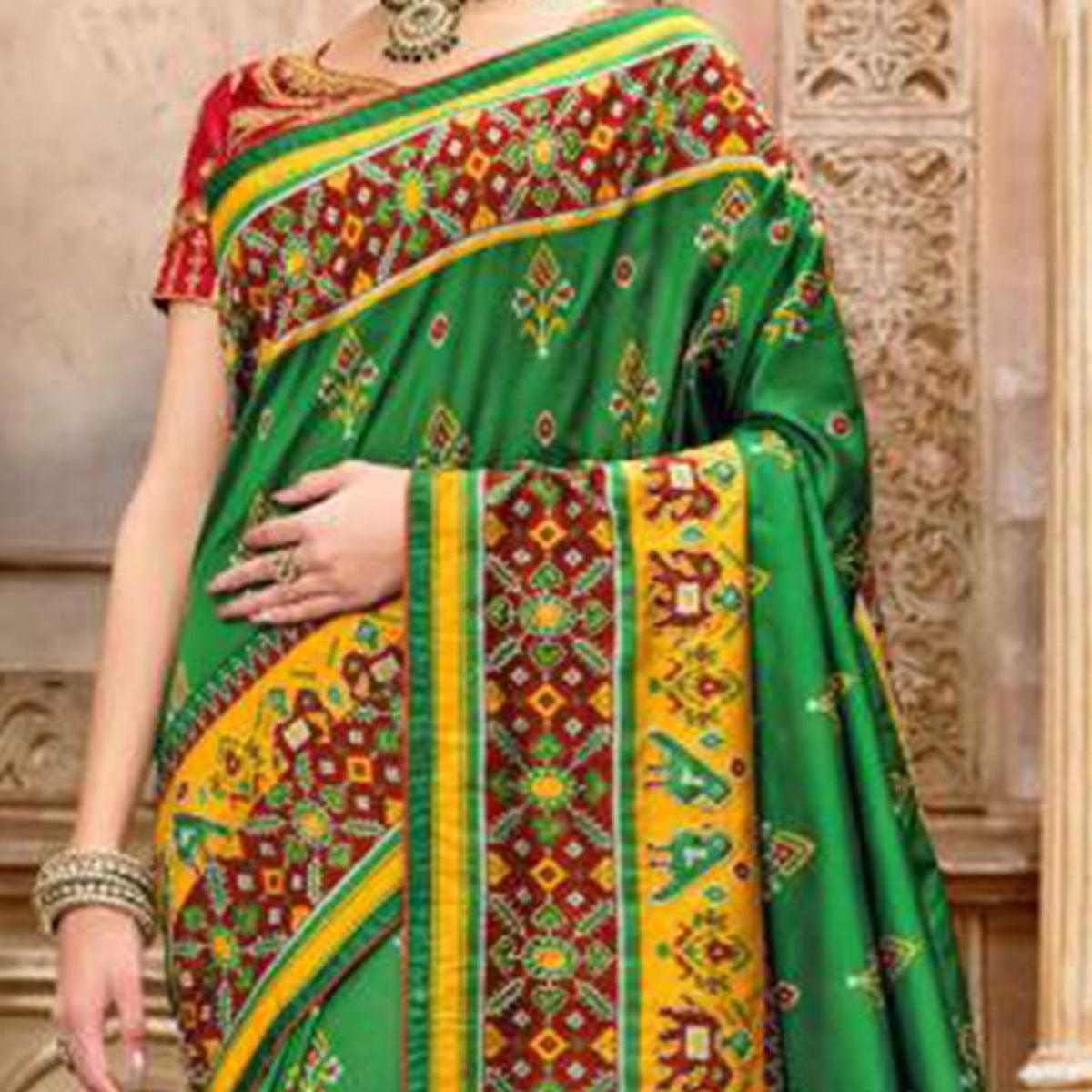 Gorgeous Green Colored Resham With Mirror Khatli Work Festive Wear Patan Patola Silk Saree - Peachmode