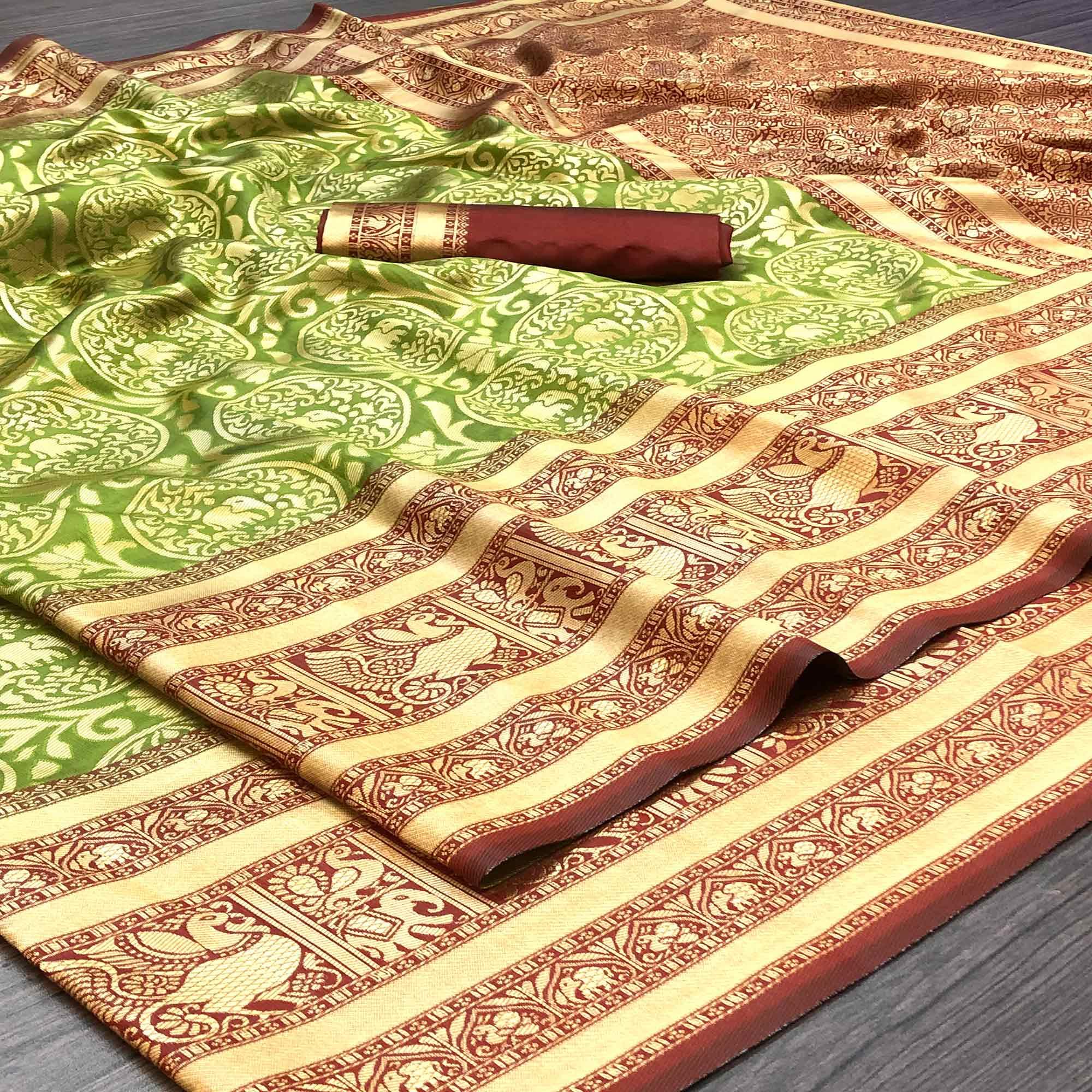 Gorgeous Green Coloured Party Wear Meenakri Multi Thread Weaving Heavy Banarasi Saree - Peachmode