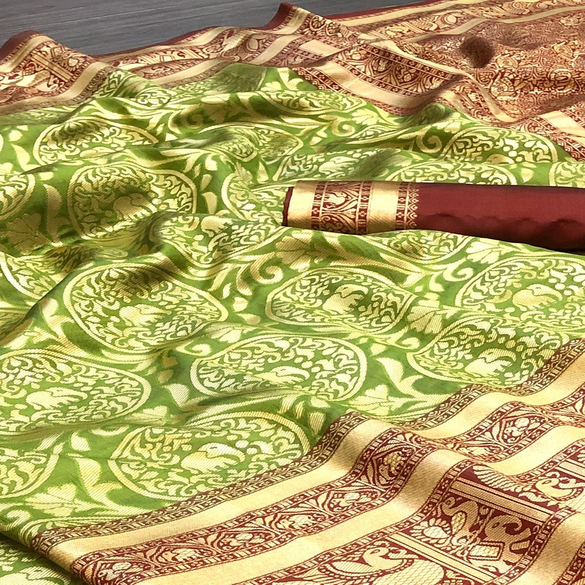 Gorgeous Green Coloured Party Wear Meenakri Multi Thread Weaving Heavy Banarasi Saree - Peachmode