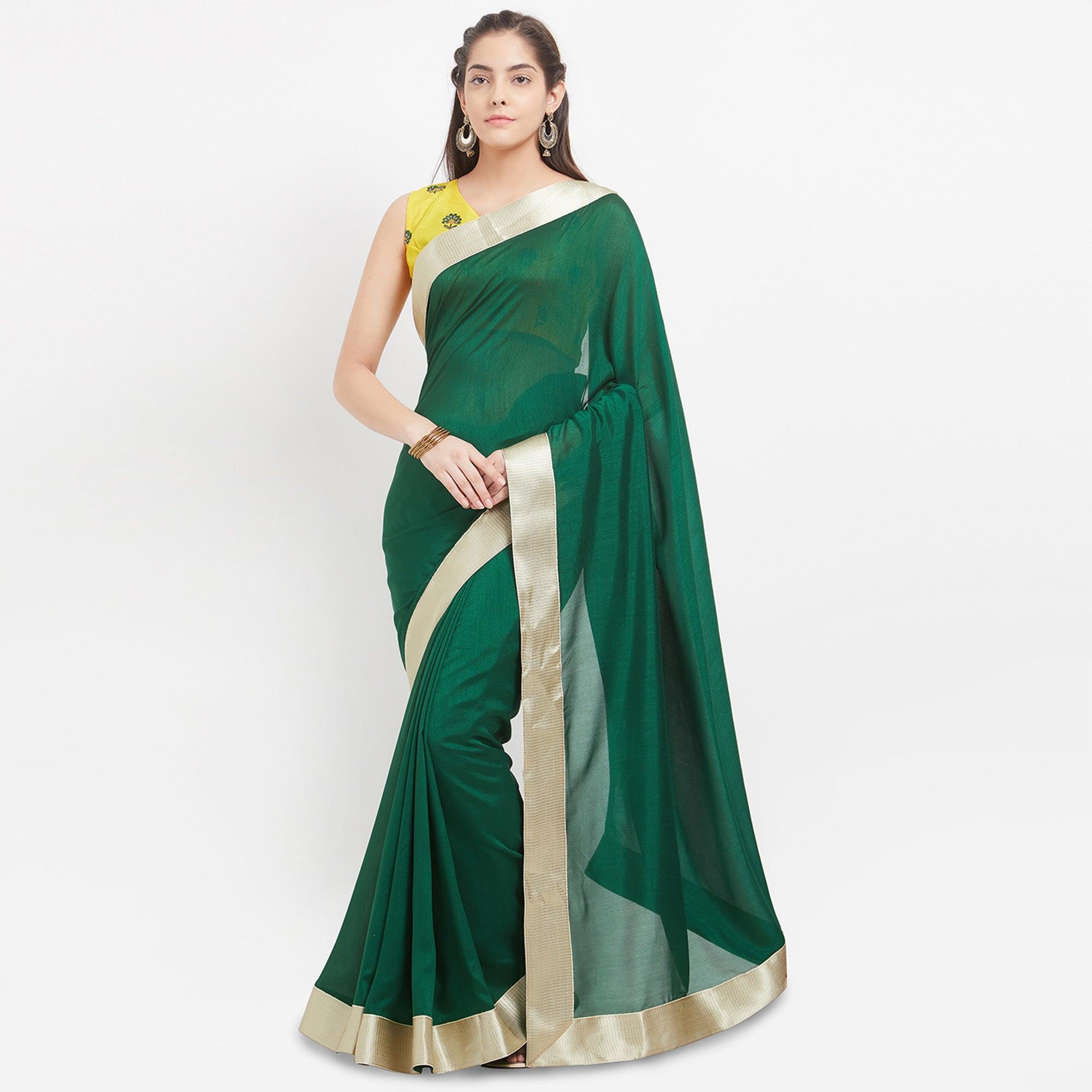 Gorgeous Green Partywear Embroidered Vichitra Art Silk Saree - Peachmode