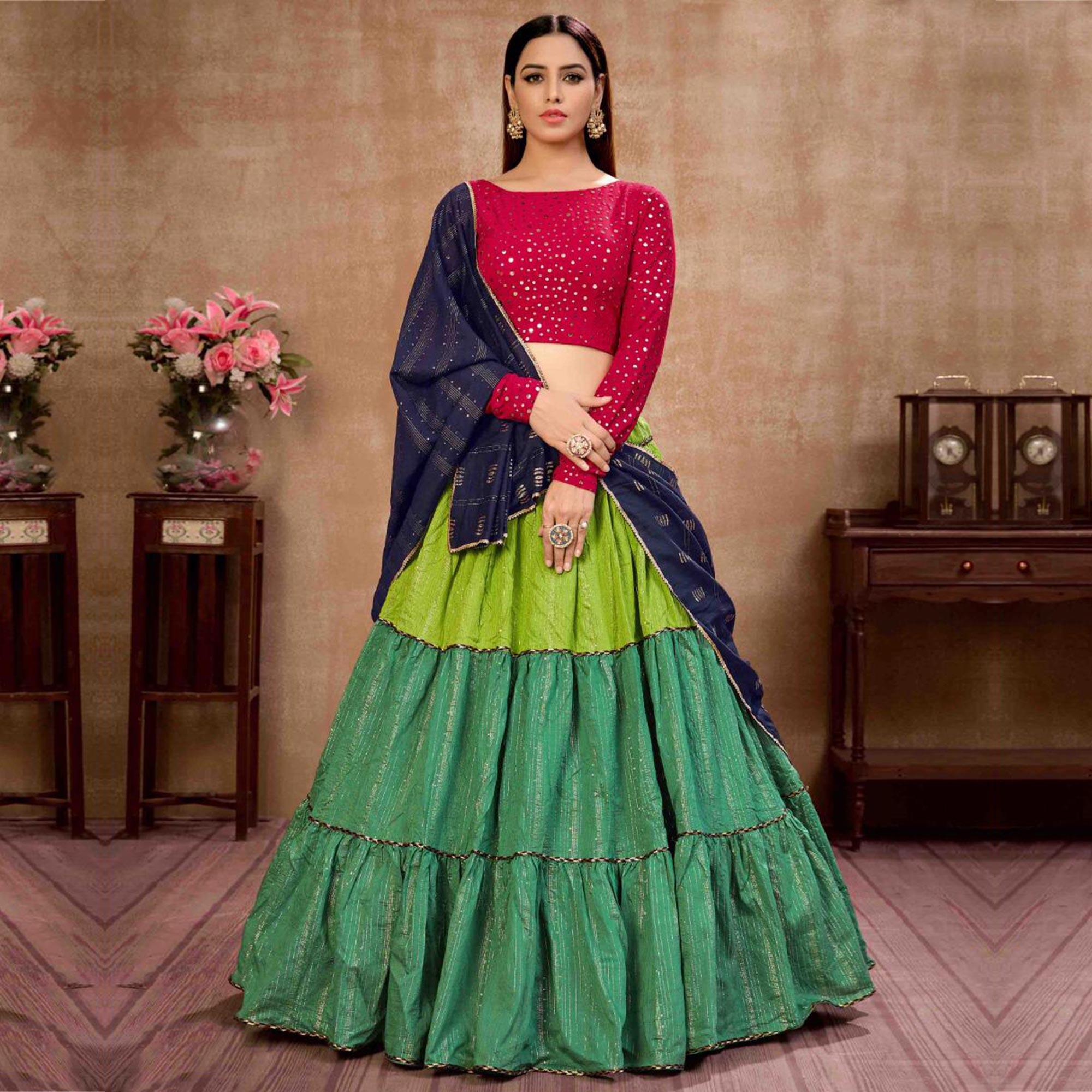Gorgeous Green-Rani Colored Wedding Wear Sequence Work Cotton Lehenga Choli - Peachmode