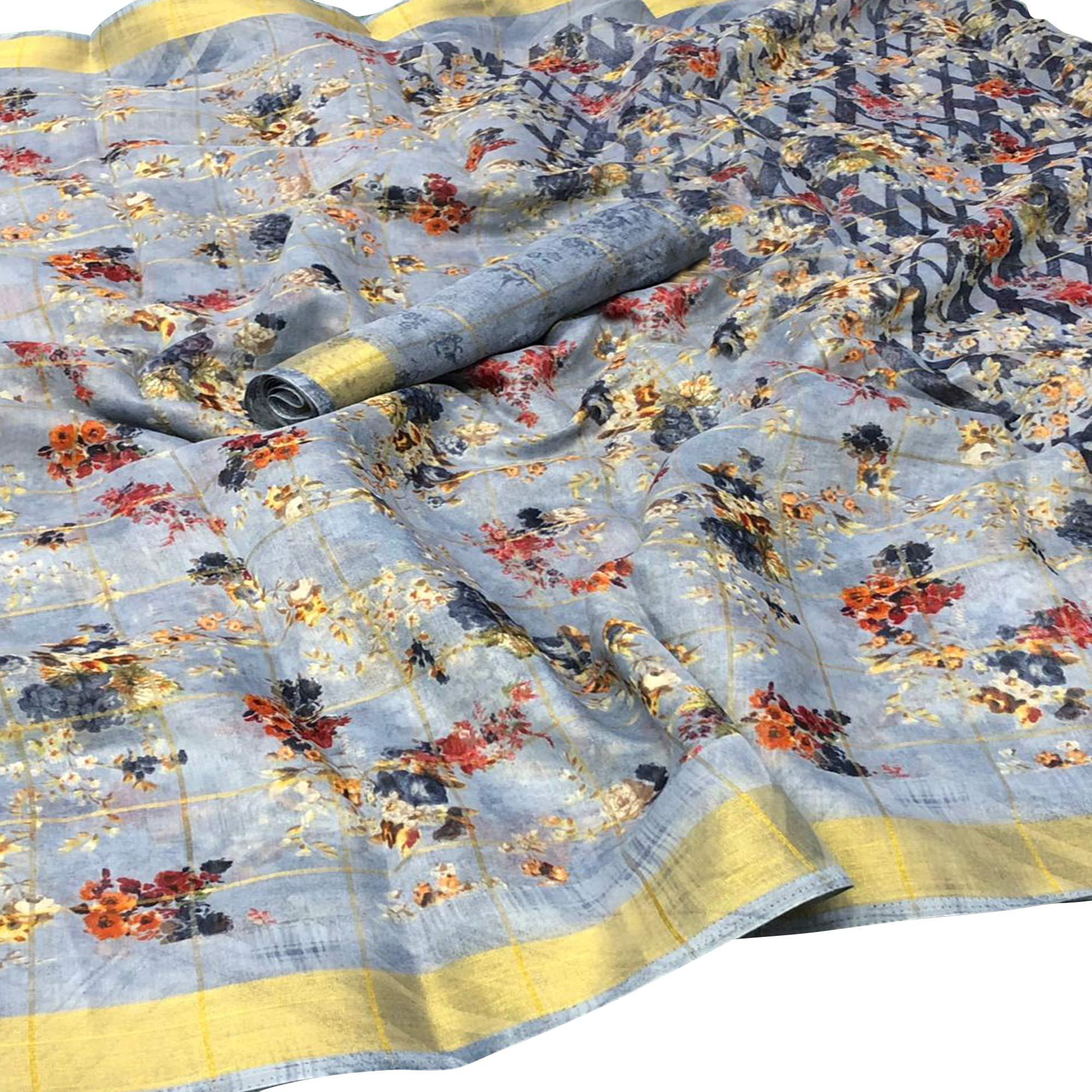 Gorgeous Grey Colored Casual Floral Printed Cotton Saree - Peachmode