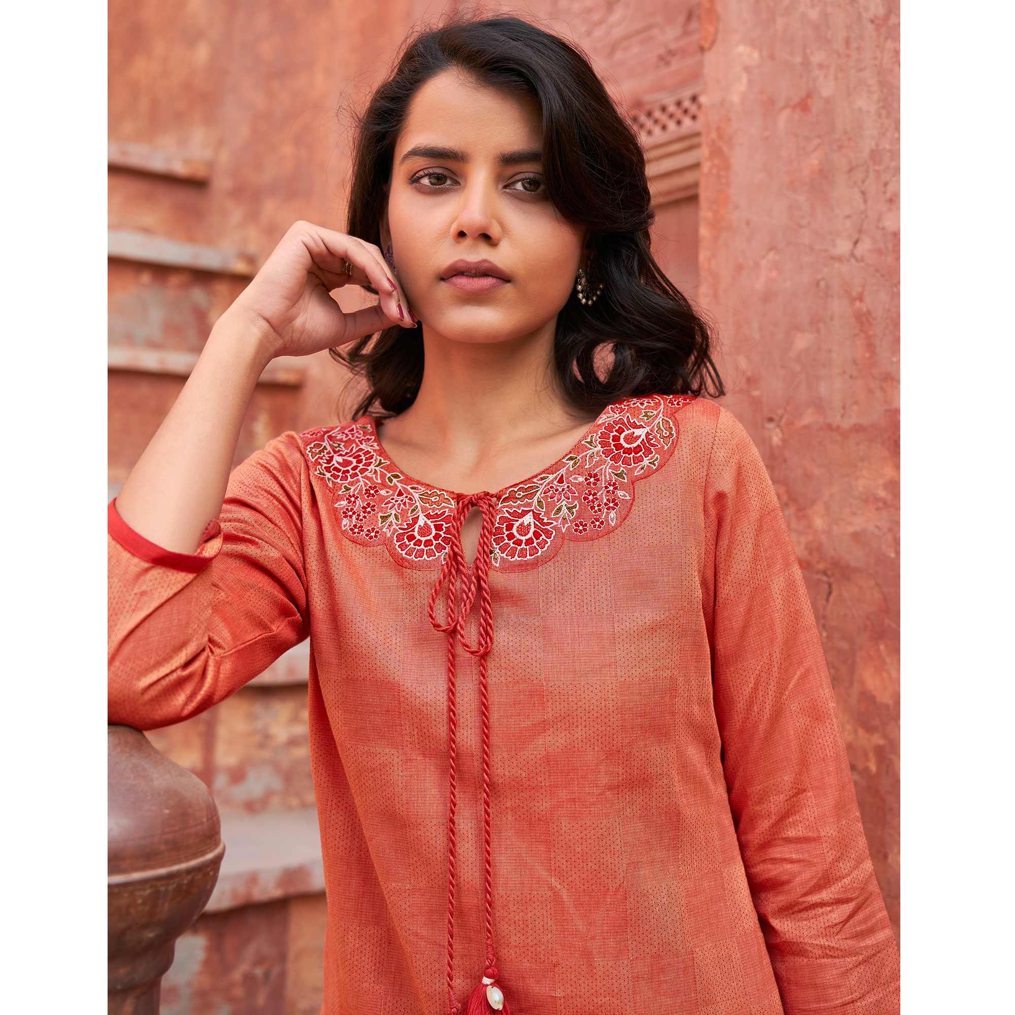 Gorgeous Grey Colored Casual Wear Embroidered Pure Cotton Kurti - Peachmode