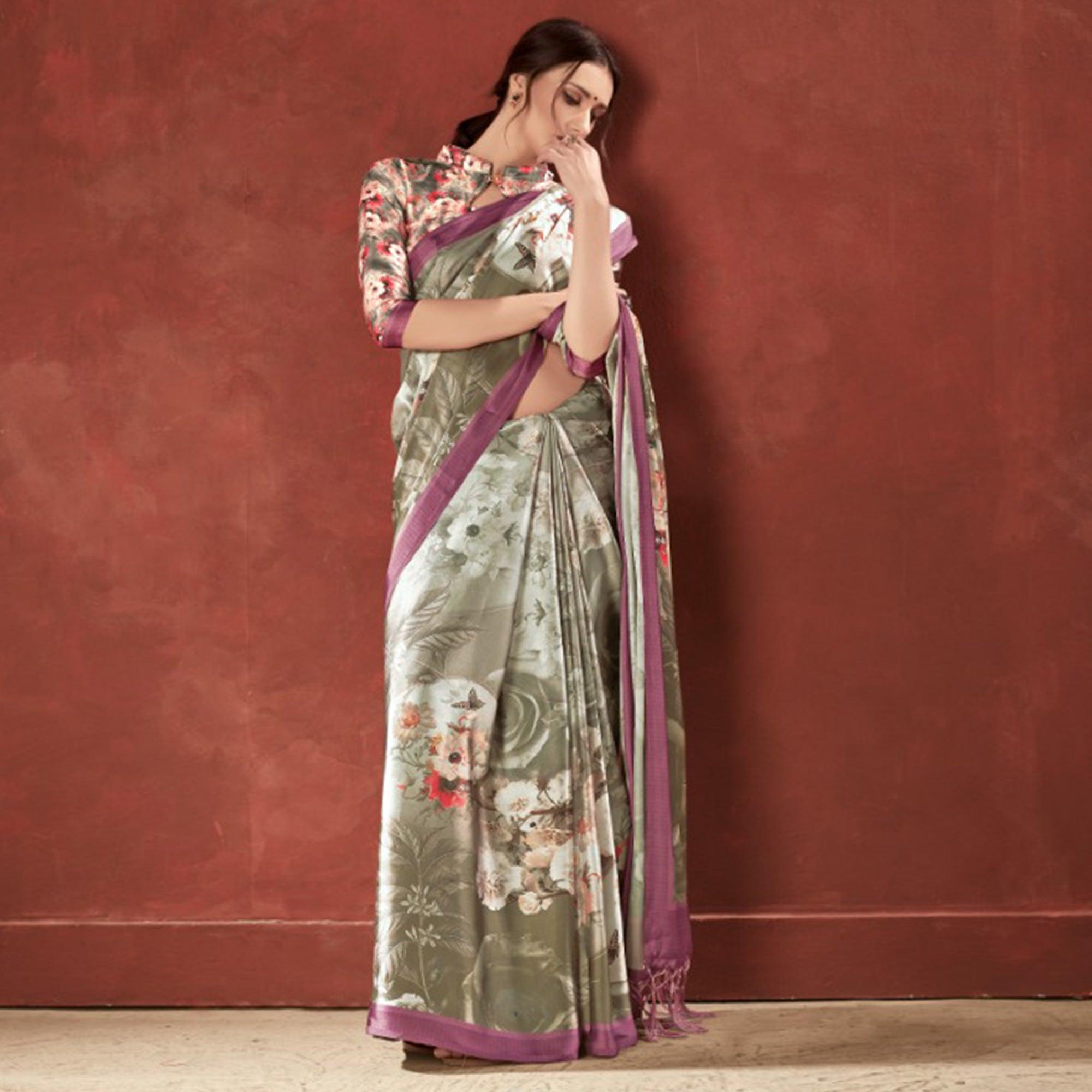 Gorgeous Grey Colored Casual Wear Printed Satin Crepe Saree With Tassels - Peachmode
