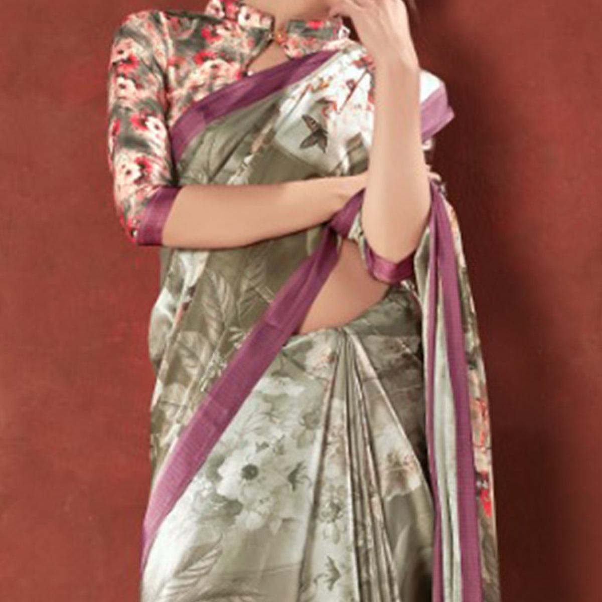 Gorgeous Grey Colored Casual Wear Printed Satin Crepe Saree With Tassels - Peachmode