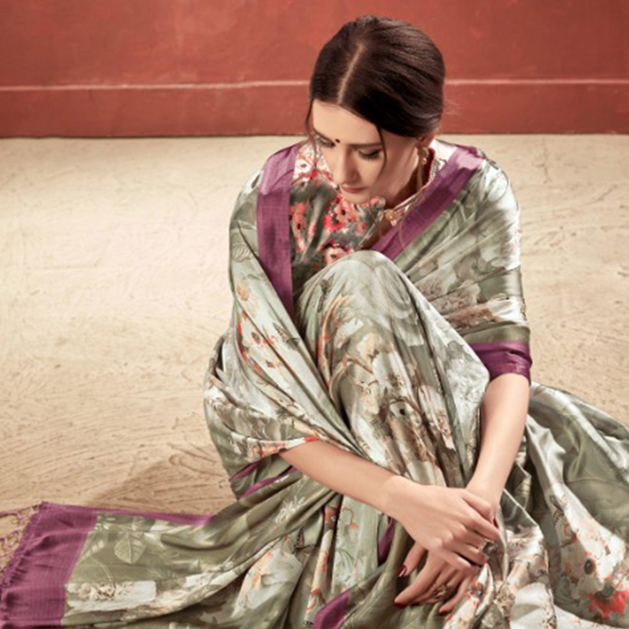 Gorgeous Grey Colored Casual Wear Printed Satin Crepe Saree With Tassels - Peachmode