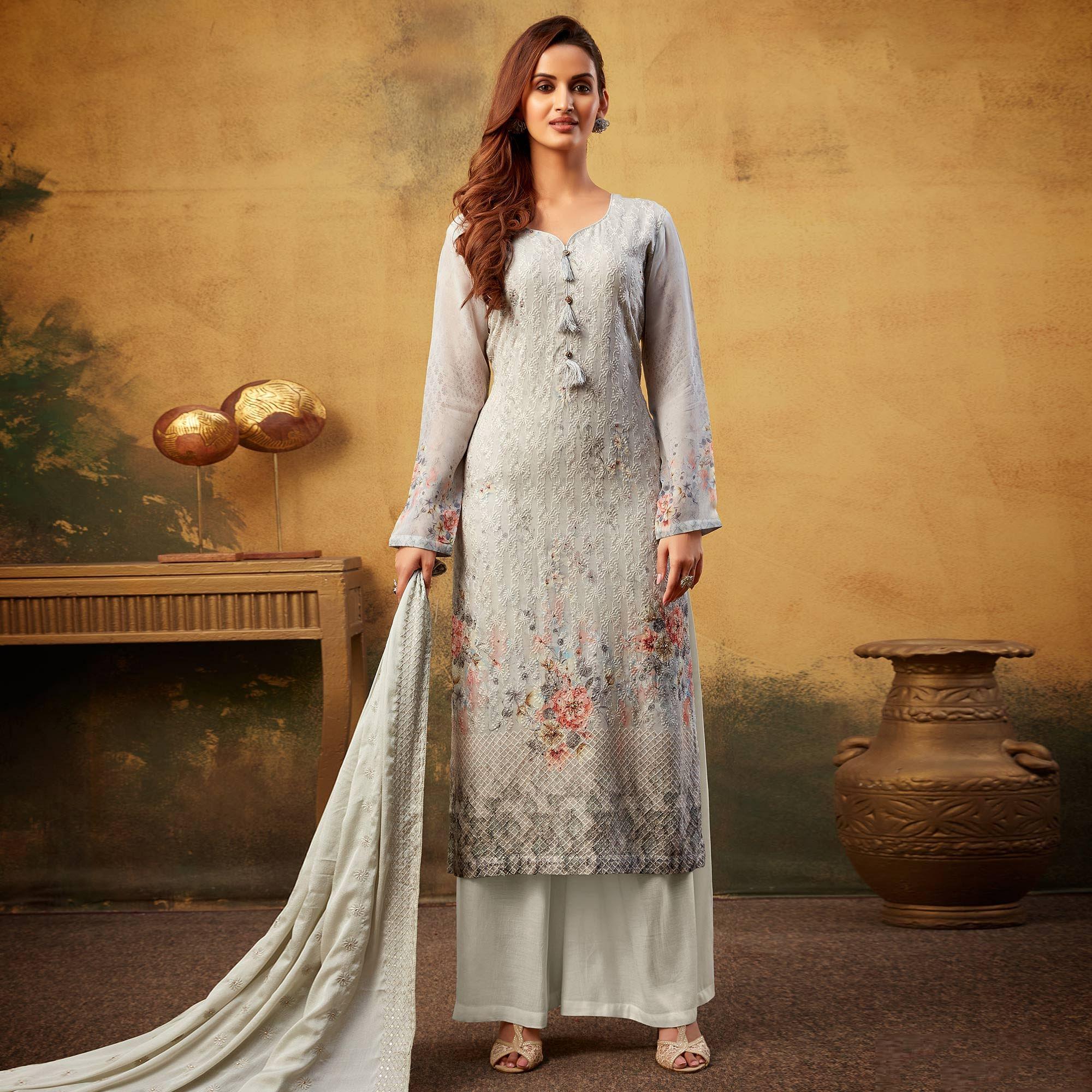 Gorgeous Grey Colored Embroidered With Digital Printed Partywear Viscose Bemberg Georgette Palazzo Suit - Peachmode