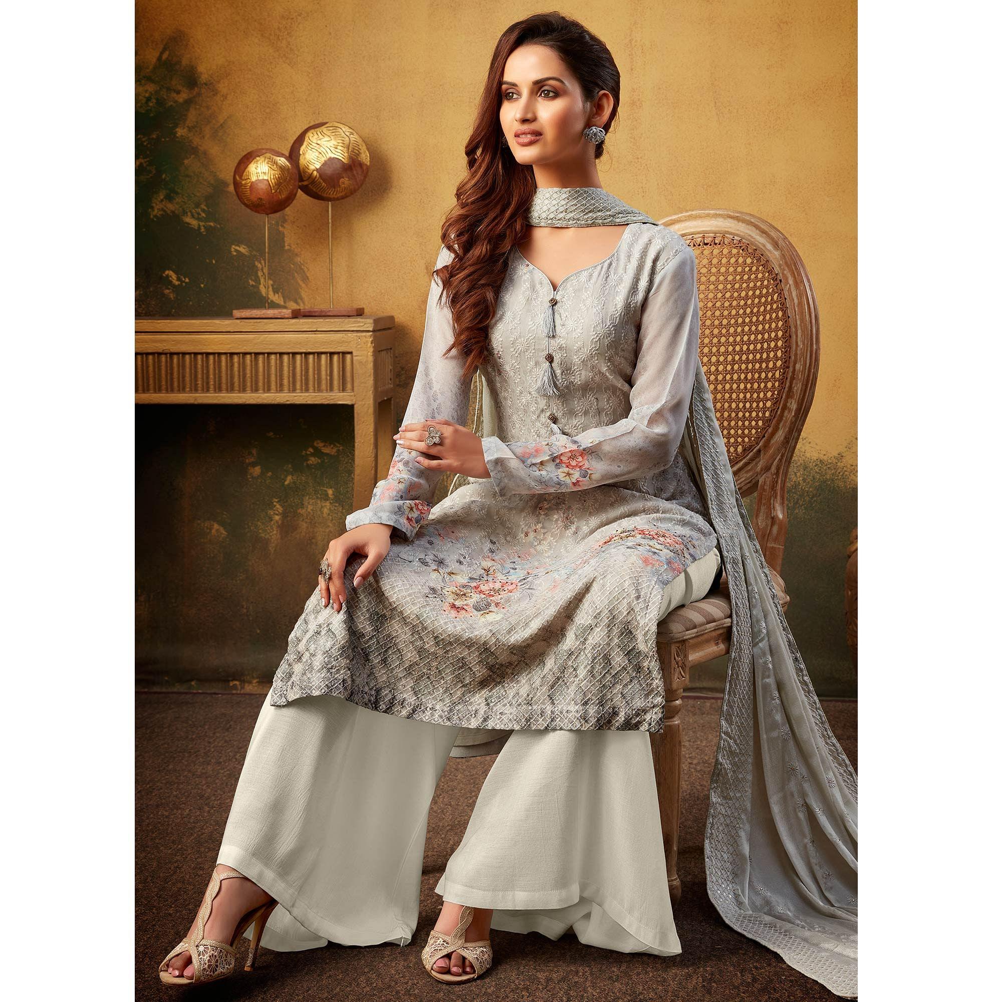 Gorgeous Grey Colored Embroidered With Digital Printed Partywear Viscose Bemberg Georgette Palazzo Suit - Peachmode
