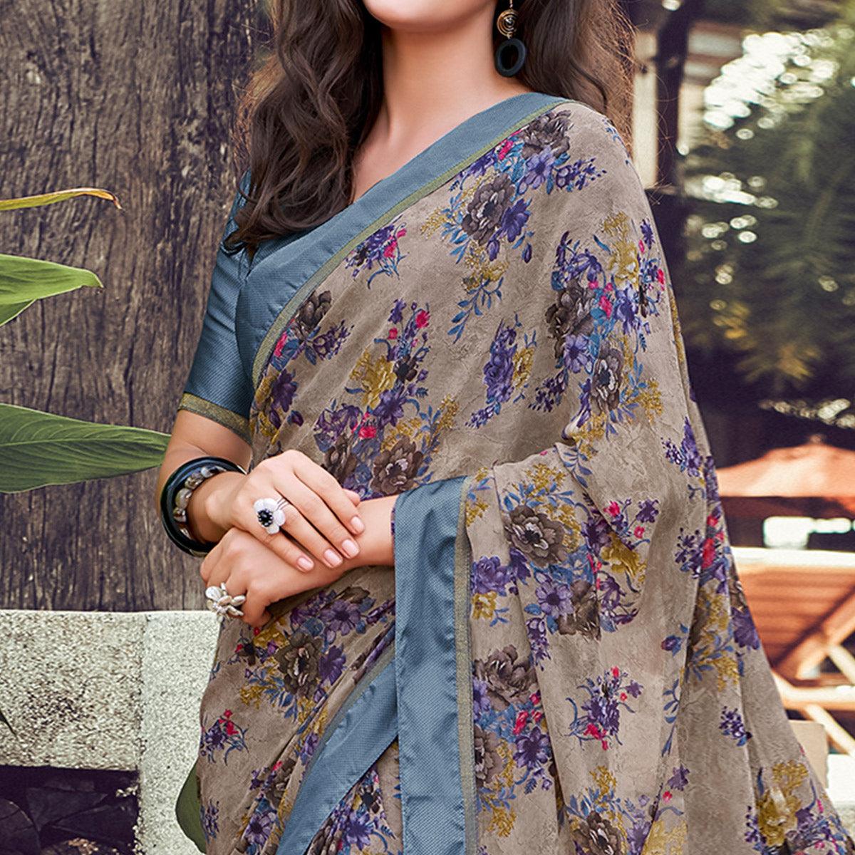 Gorgeous Grey Colored Partywear Designer Printed Georgette Saree - Peachmode
