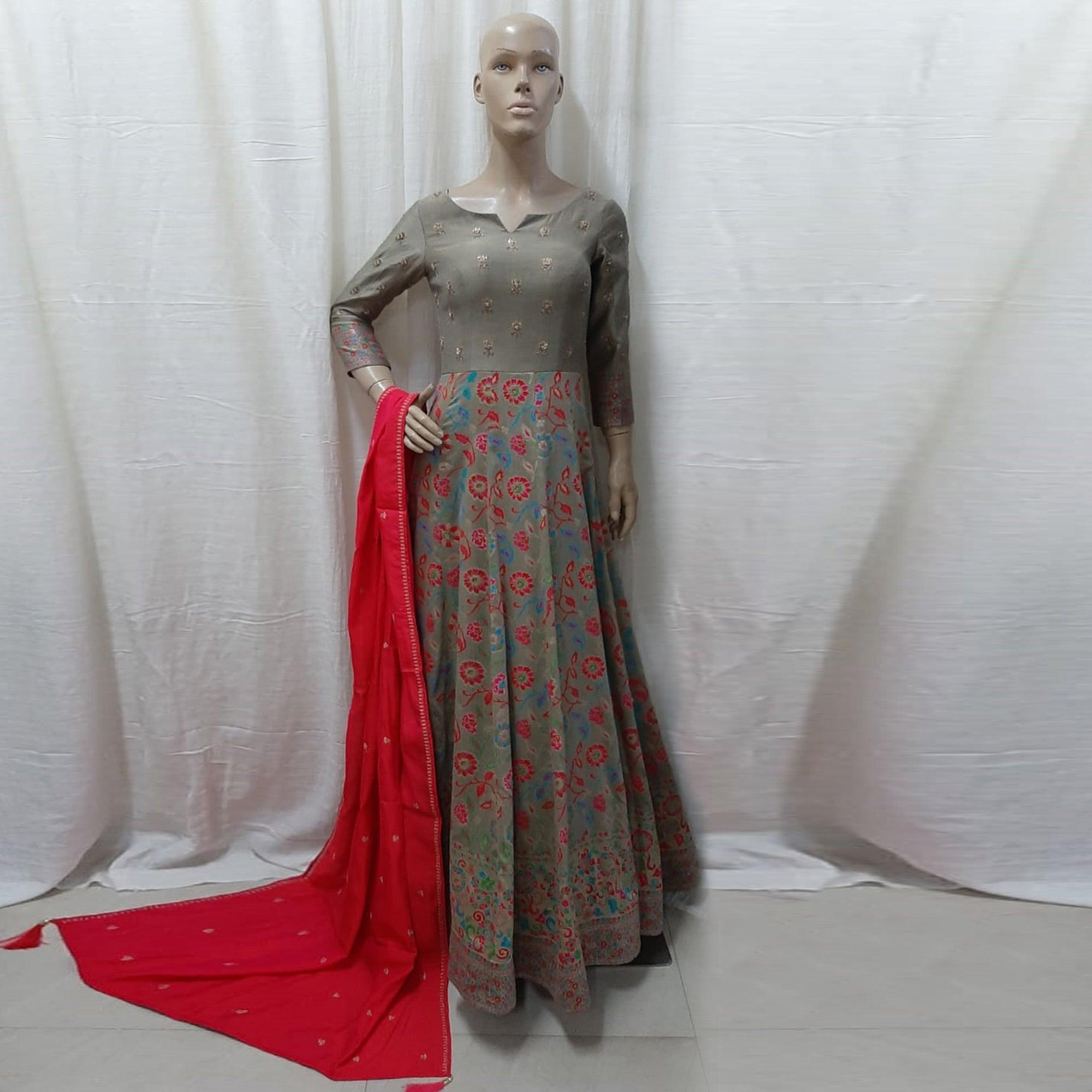 Gorgeous Grey Colored Partywear Embroidered Tapetta Silk Gown - Peachmode