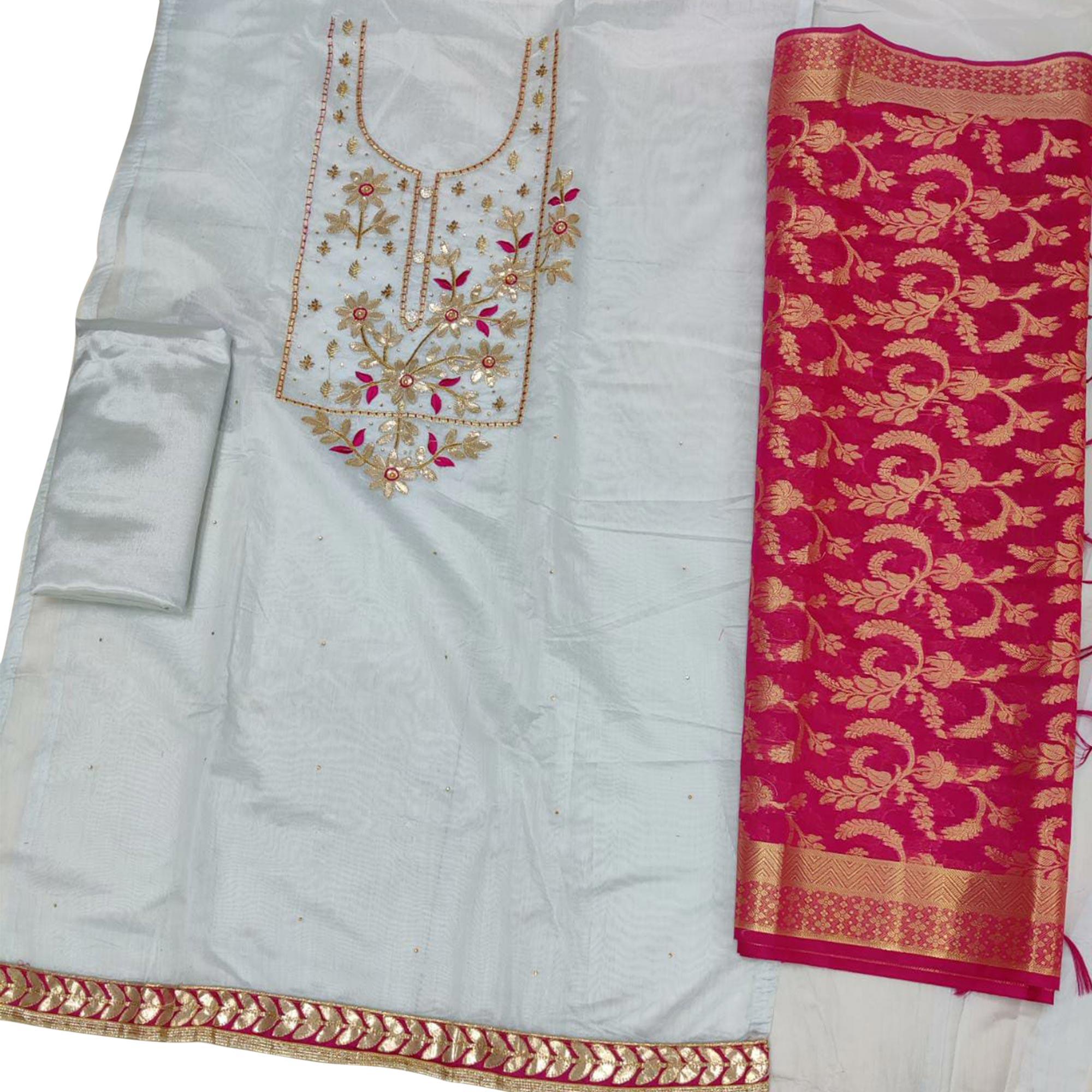 Gorgeous Light Blue Colored Casual Embroidered Modal Chanderi Dress Material - Peachmode