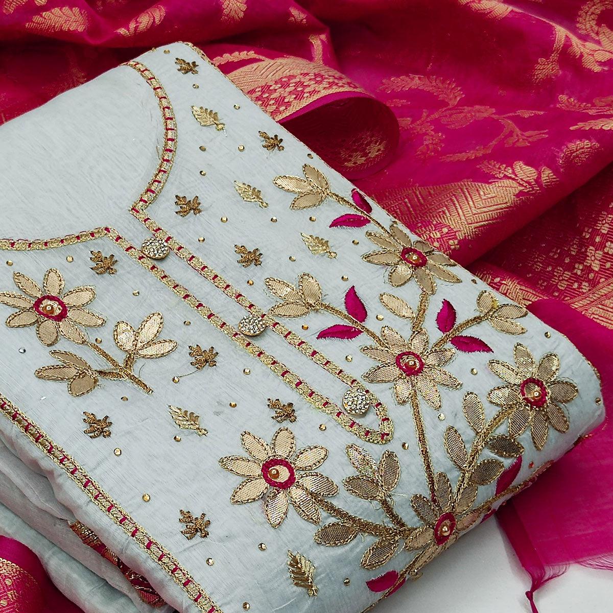 Gorgeous Light Blue Colored Casual Embroidered Modal Chanderi Dress Material - Peachmode