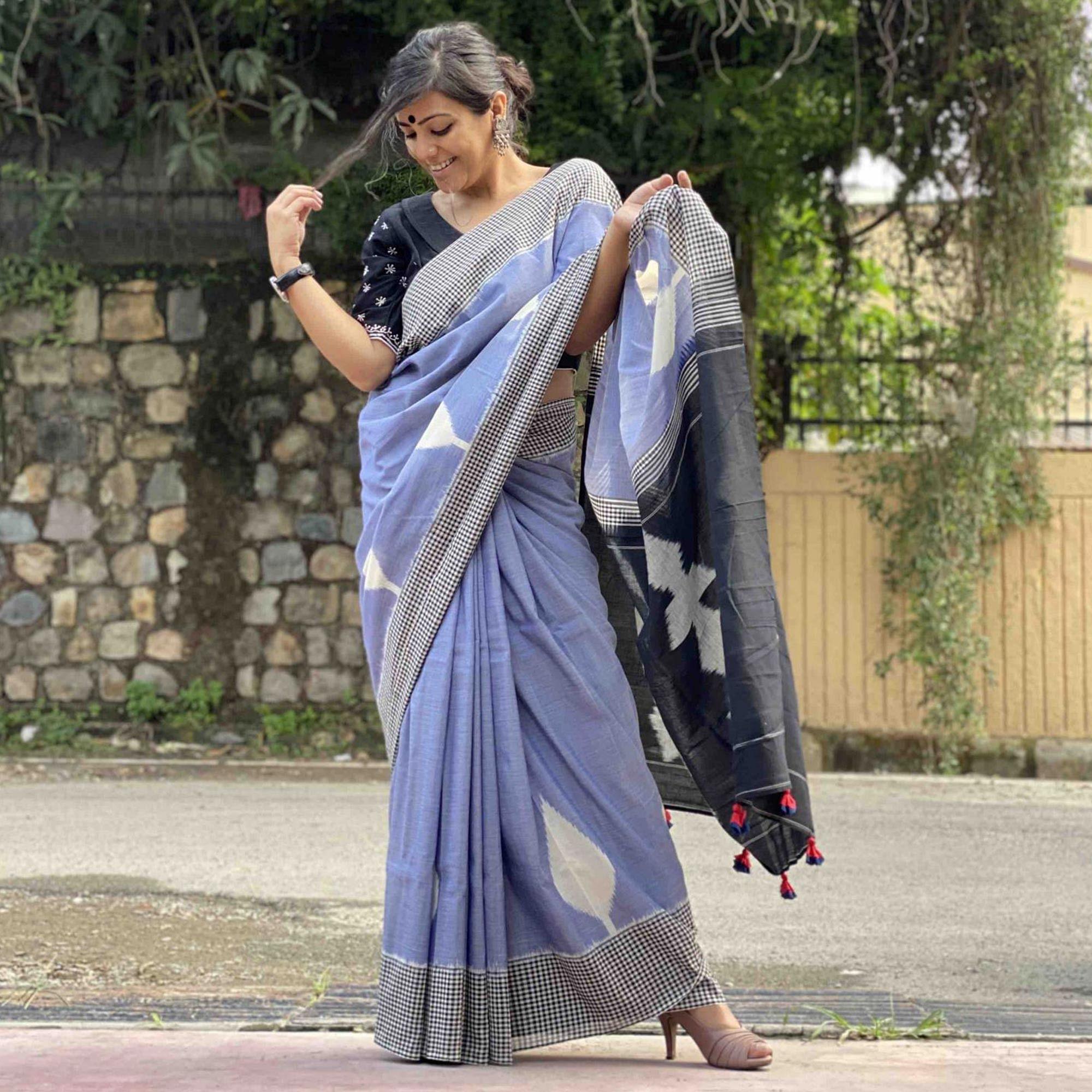 Gorgeous Light Blue Colored Casual Wear Printed Silk Saree - Peachmode