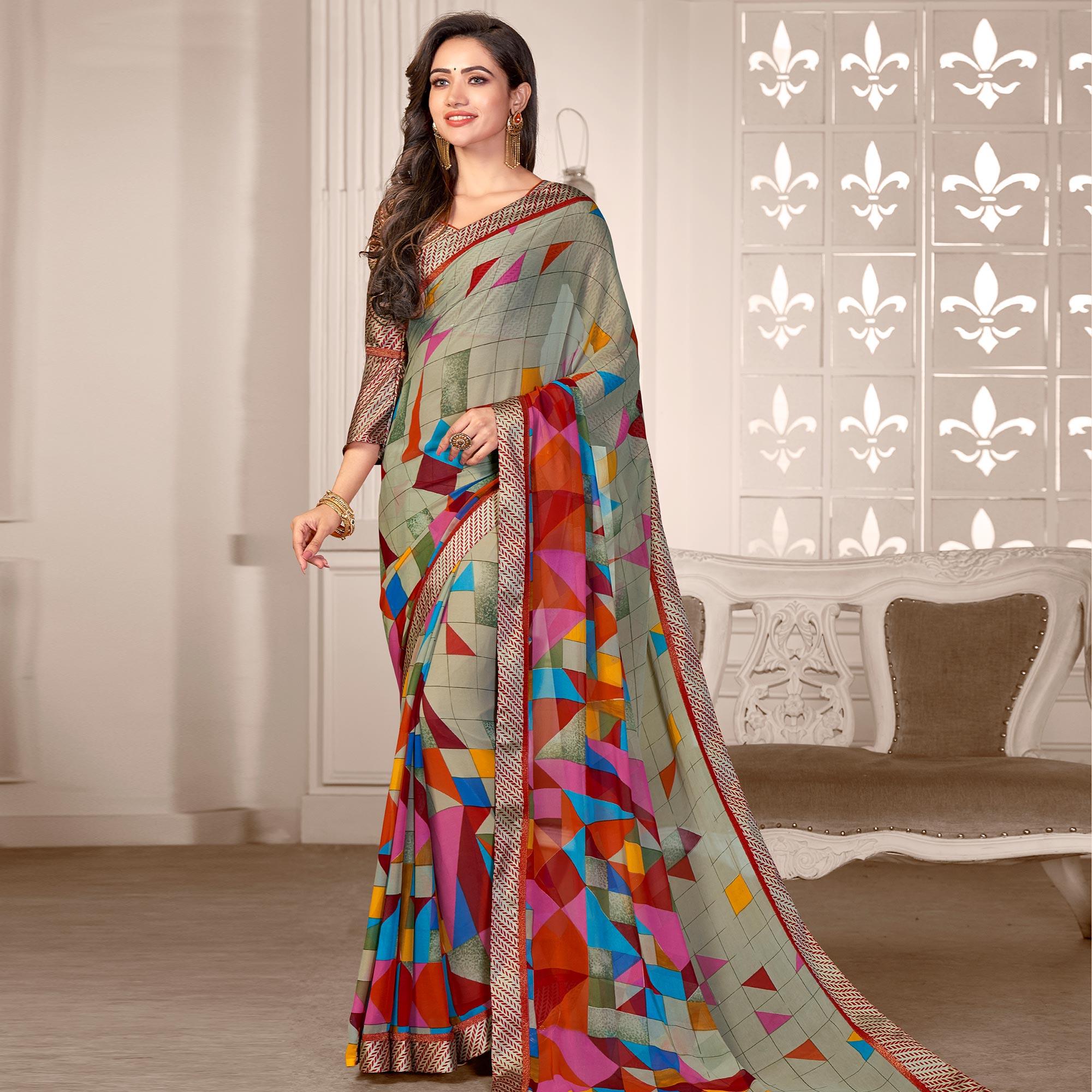 Gorgeous Light Grey Colored Partywear Printed Satin Saree - Peachmode