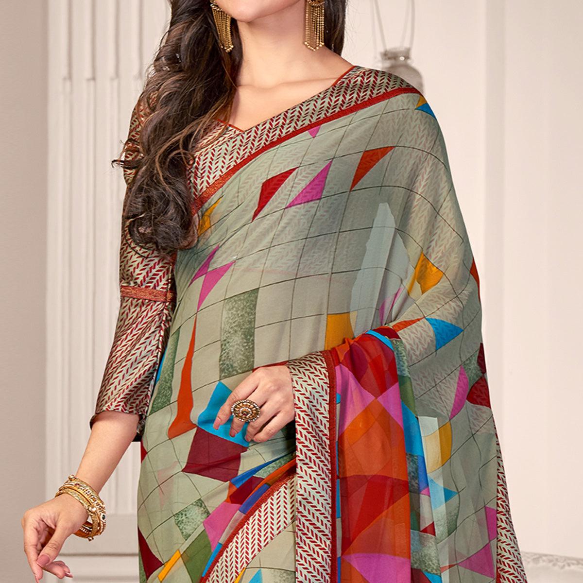 Gorgeous Light Grey Colored Partywear Printed Satin Saree - Peachmode