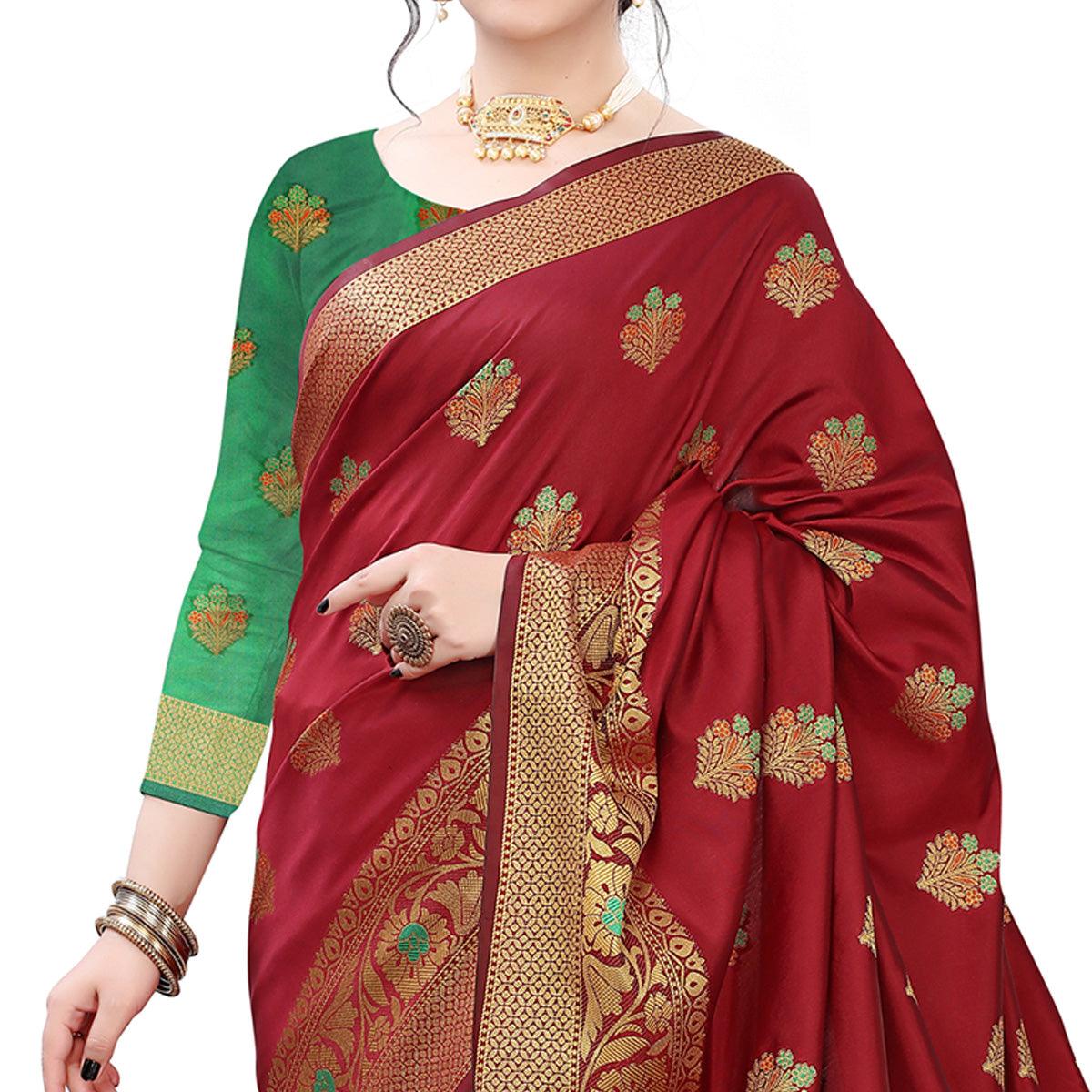 Gorgeous Maroon Colored Beautiful Jacqaurd Floral Pattern Festive Wear Art Silk Saree - Peachmode