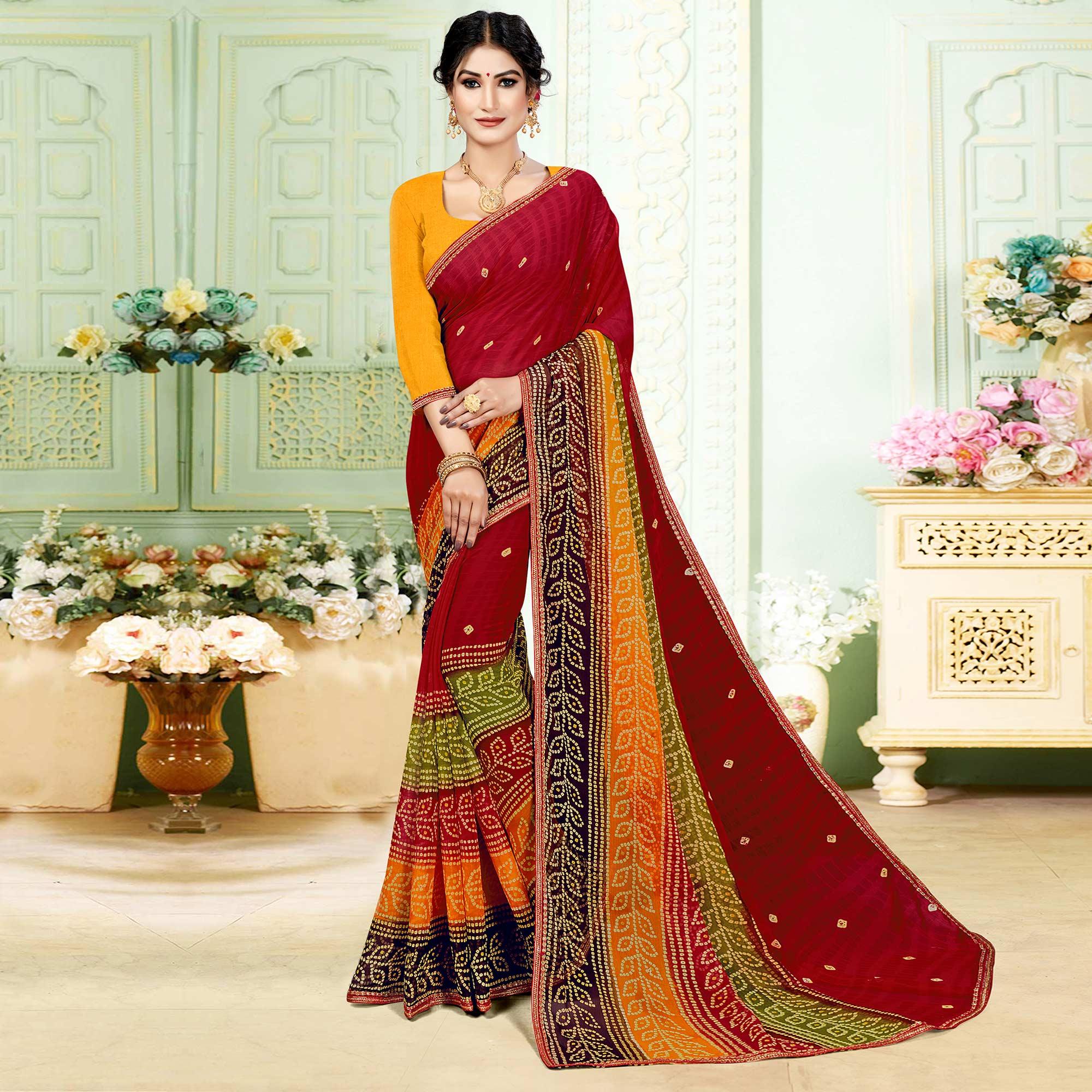 Gorgeous Maroon Colored Casual Wear Bandhani Printed Georgette Saree - Peachmode