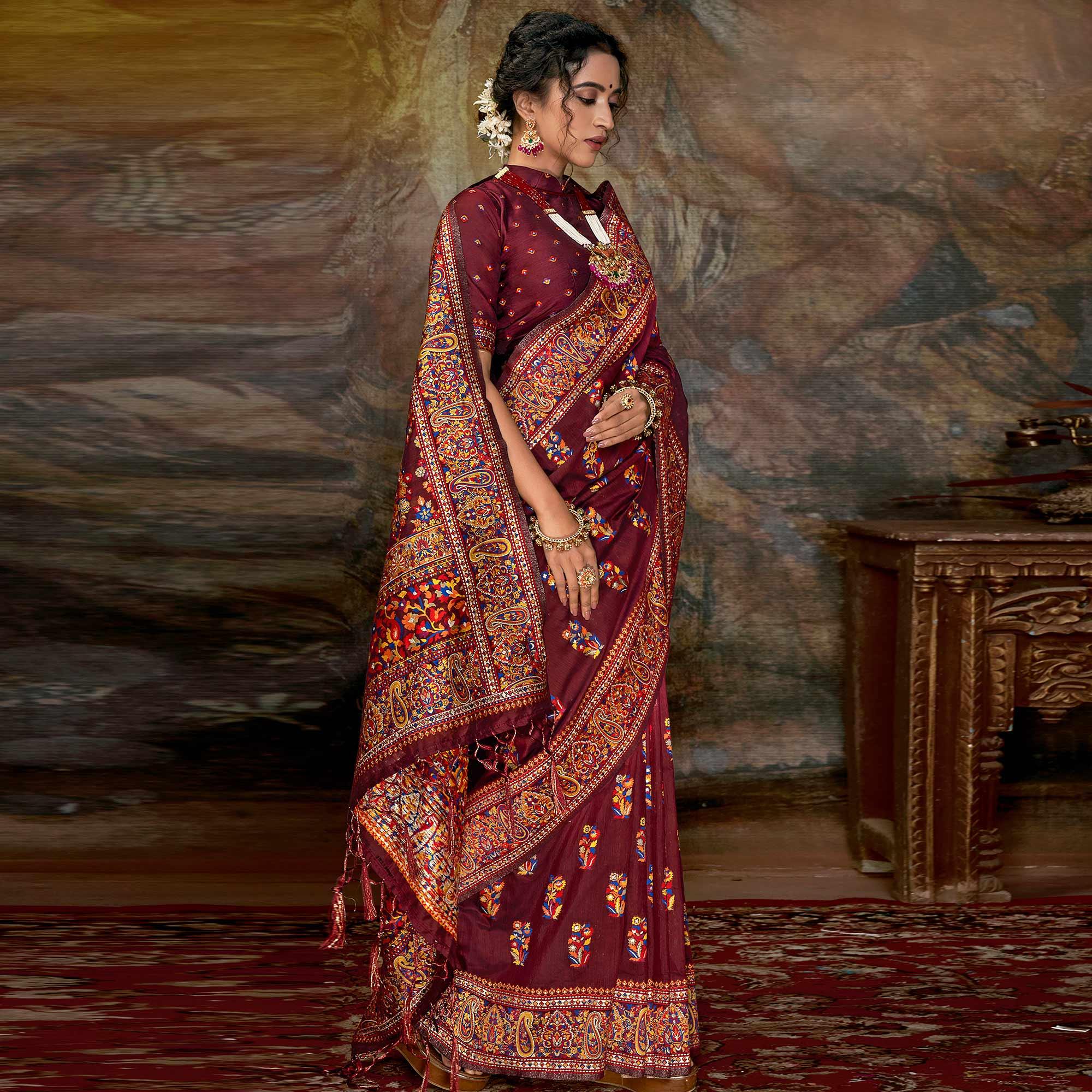 Gorgeous Maroon Colored Festive Wear Woven Banarasi Silk Saree - Peachmode