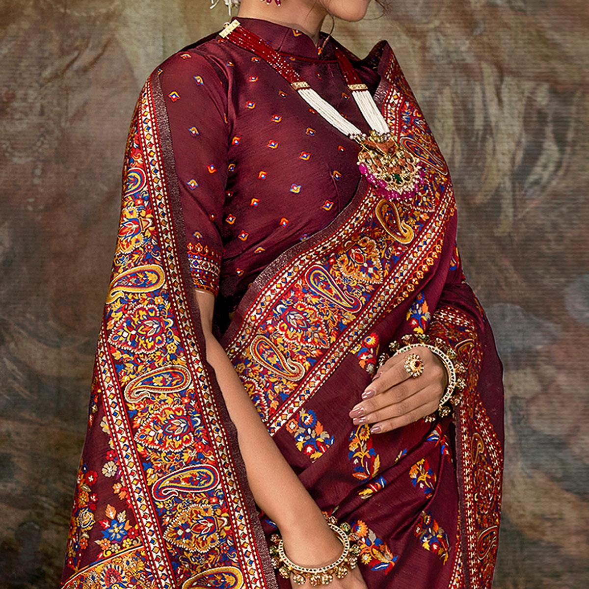Gorgeous Maroon Colored Festive Wear Woven Banarasi Silk Saree - Peachmode