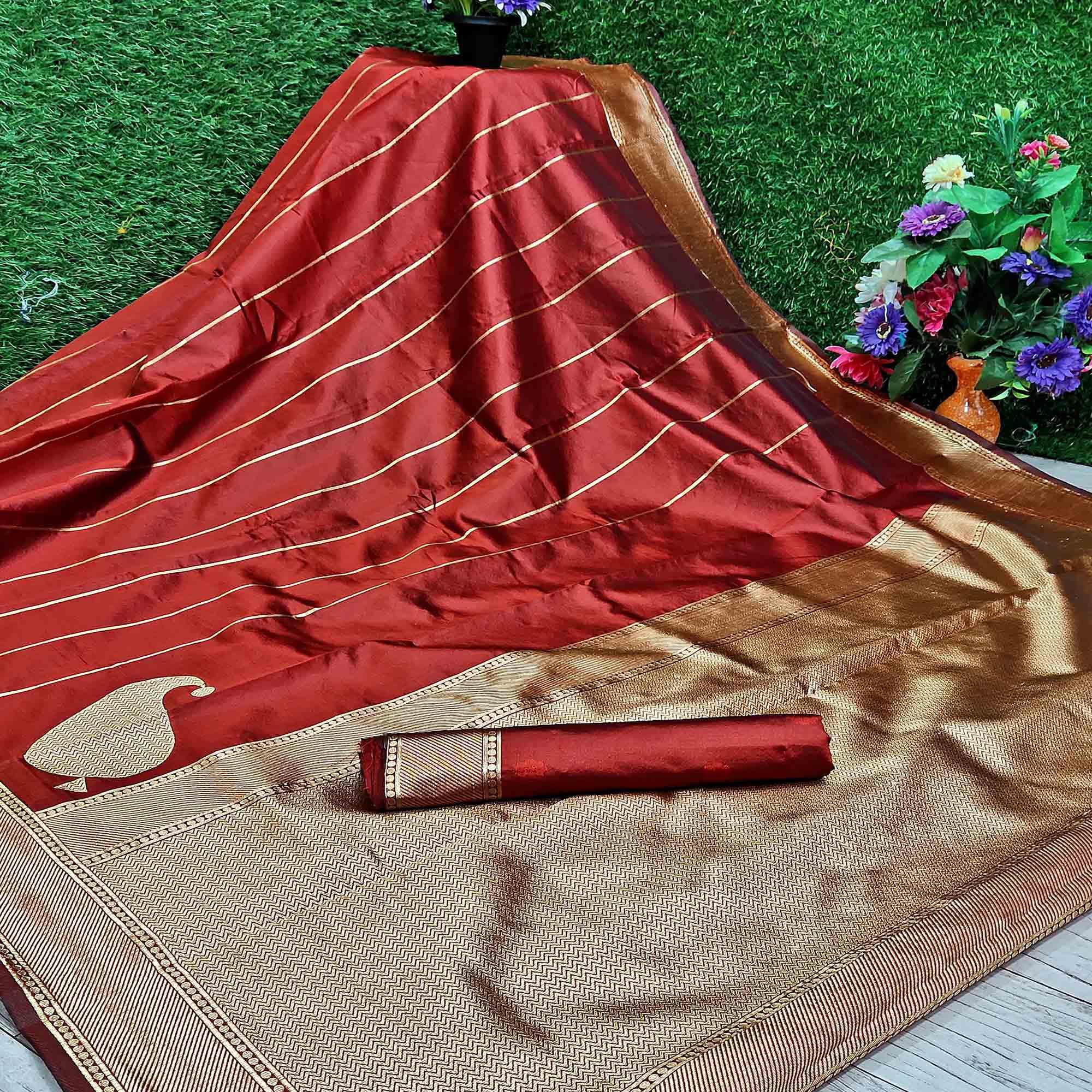 Gorgeous Maroon Colored Festive Wear Woven Kanchipuram Art Silk Saree - Peachmode