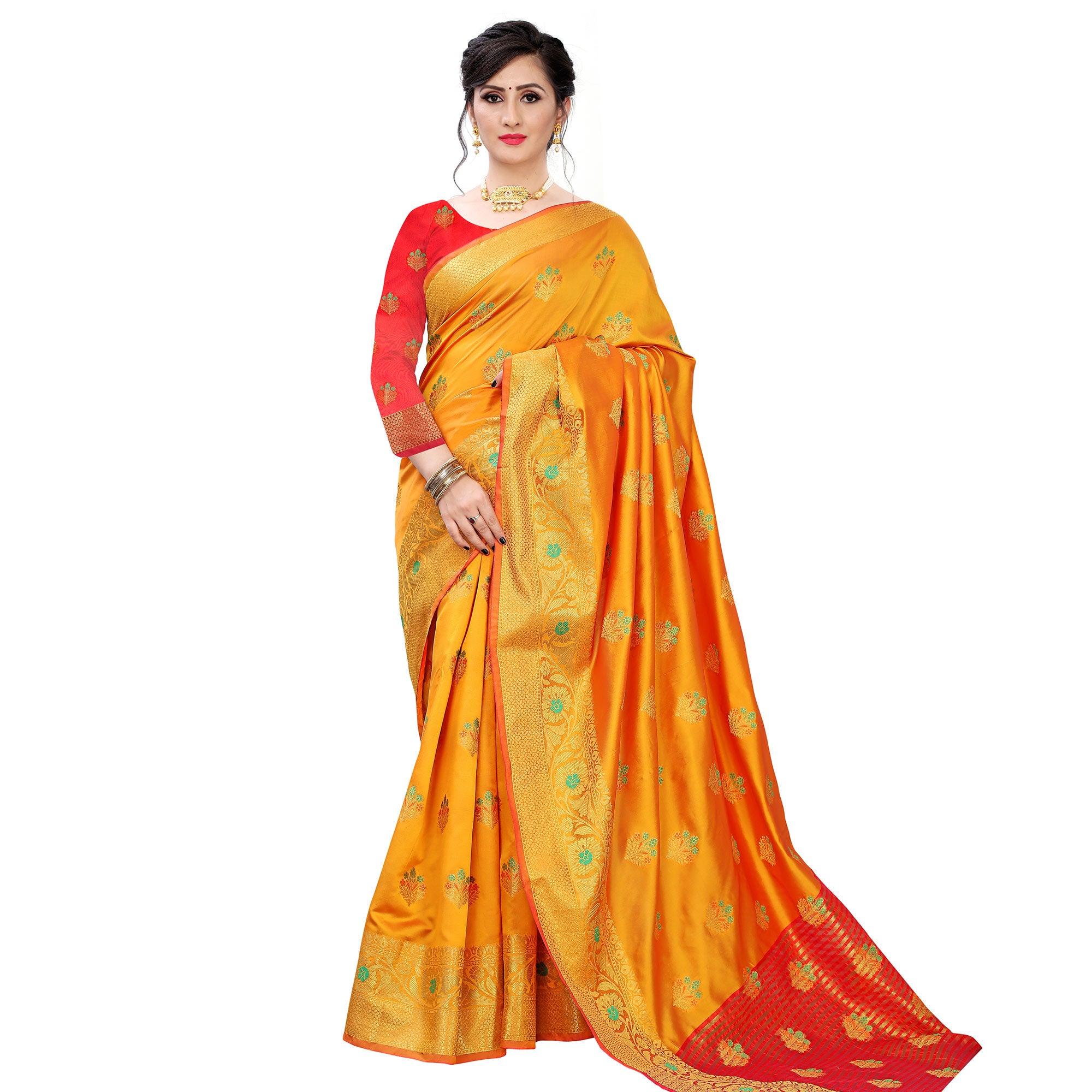 Gorgeous Mustard Colored Beautiful Jacqaurd Floral Pattern Festive Wear Art Silk Saree - Peachmode