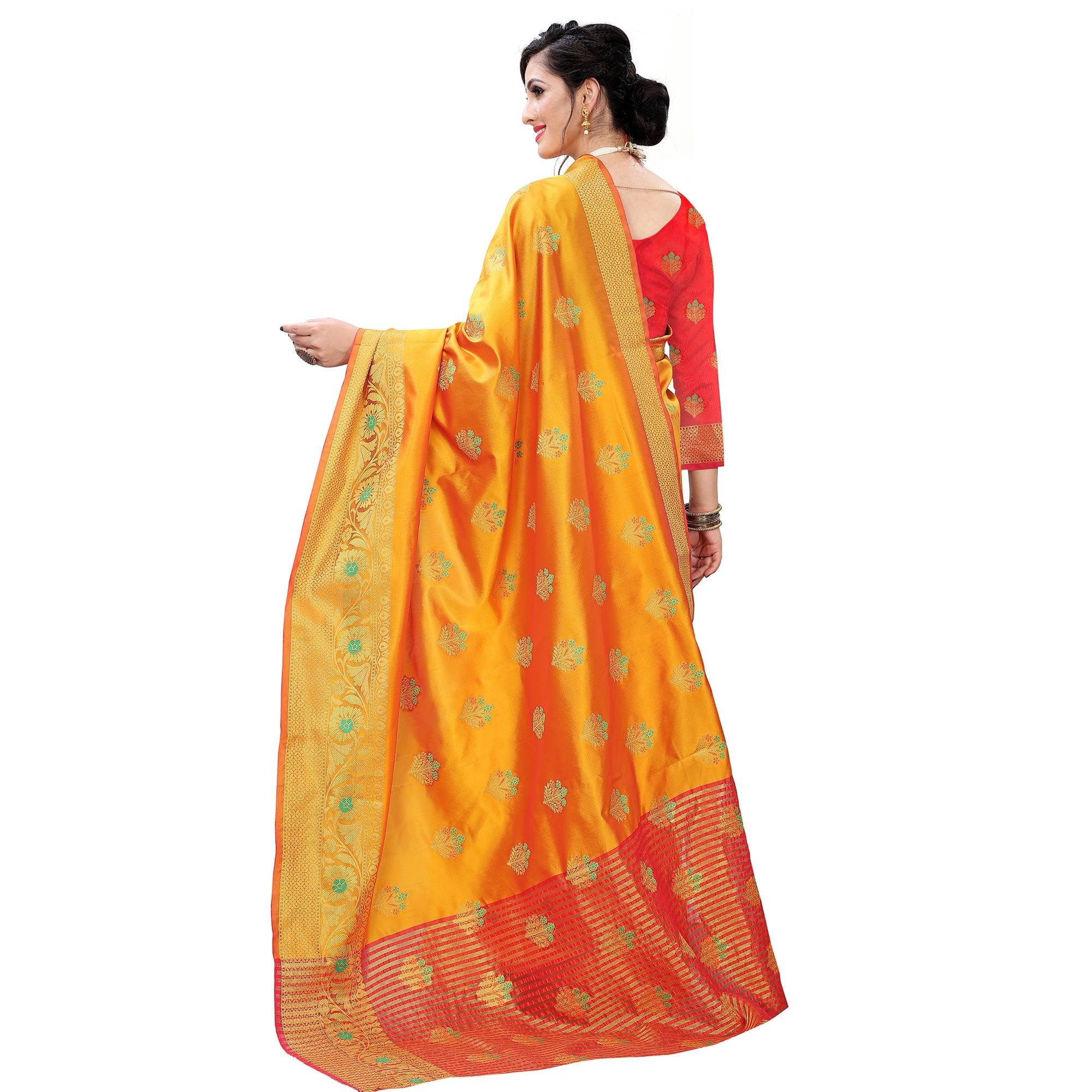 Gorgeous Mustard Colored Beautiful Jacqaurd Floral Pattern Festive Wear Art Silk Saree - Peachmode