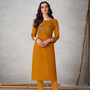 Gorgeous Mustard Yellow Colored Partywear Embroidered Viscose Kurti - Peachmode