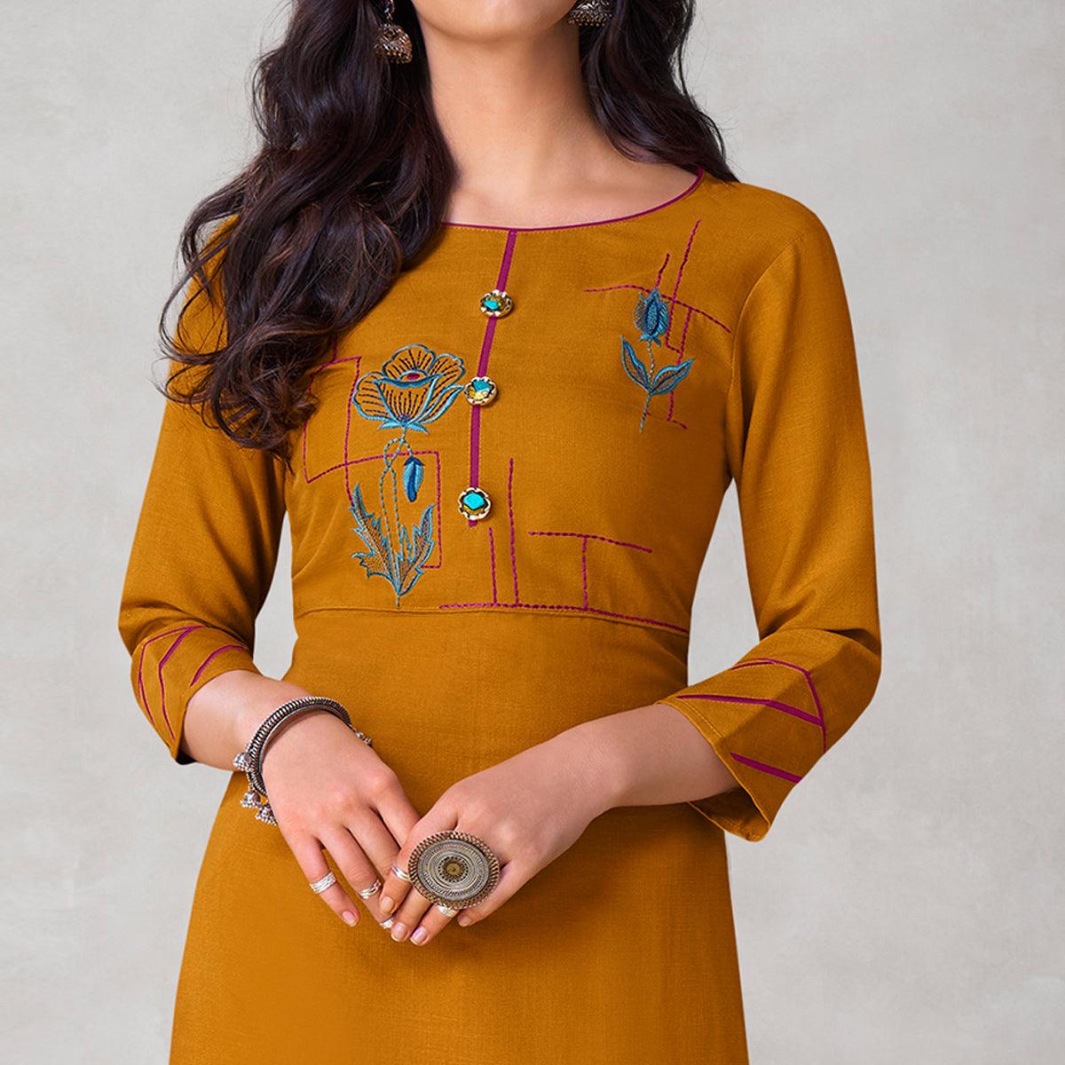 Gorgeous Mustard Yellow Colored Partywear Embroidered Viscose Kurti - Peachmode